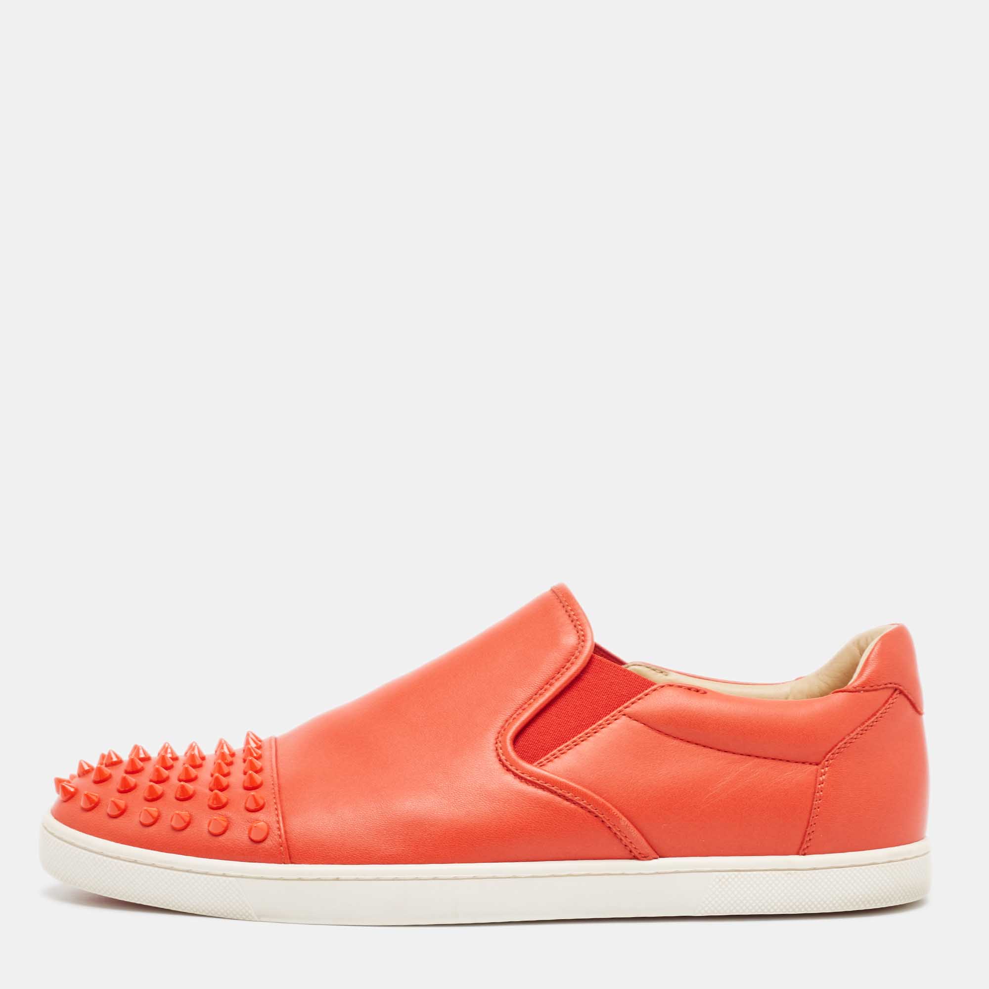 Pre Owned Christian Louboutin Orange Leather Spikes Cap Toe Slip On Sneakers Size 42