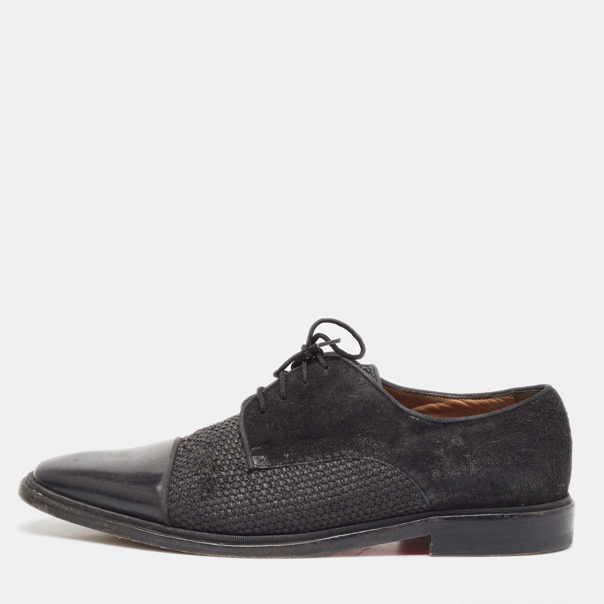 Christian Louboutin Black Suede Leather and Woven Raffia Greggo Cap Top Lace Derby Size 41