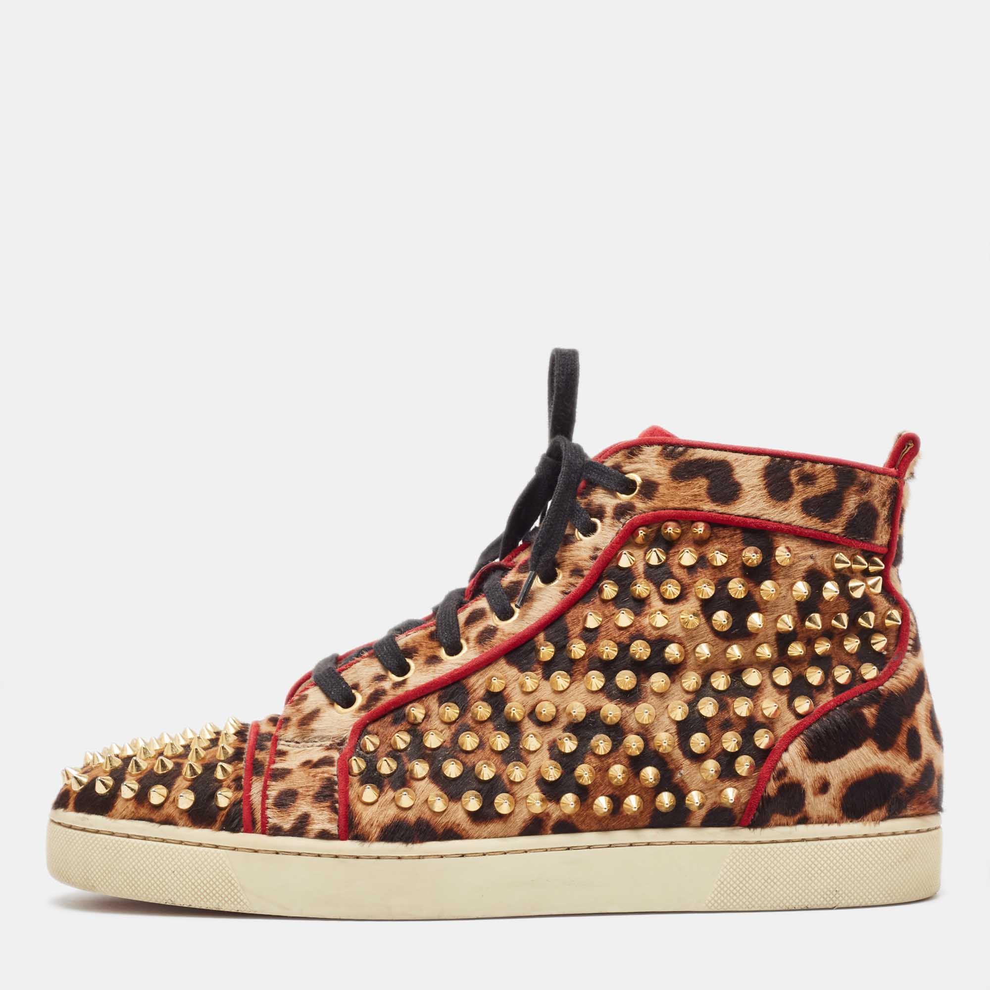 Pre Owned Christian Louboutin Two Tone Leopard Print Calf Hair Louis Spikes Sneakers Size 42