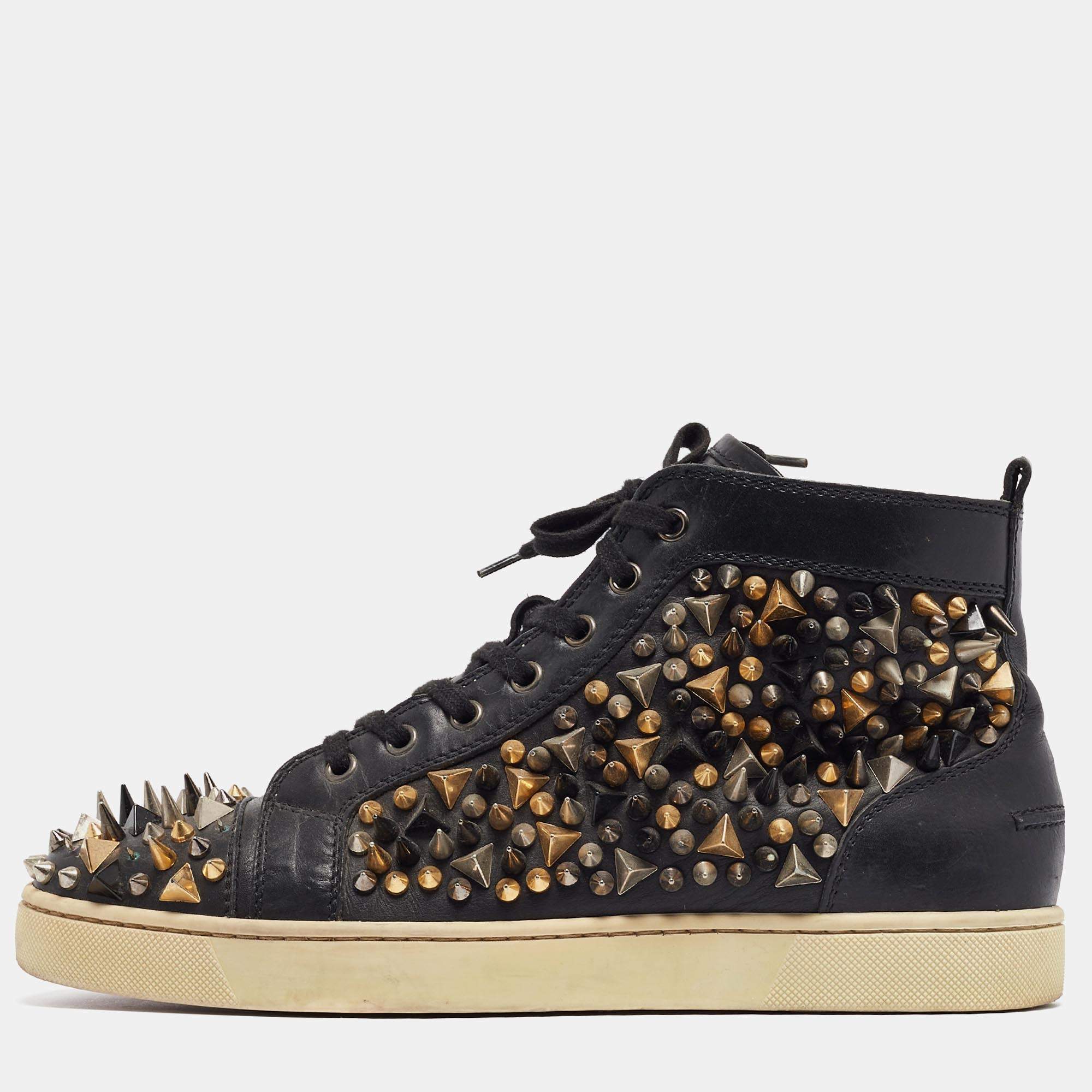 Pre Owned Christian Louboutin Black Leather Spikes High Top Sneakers Size 42