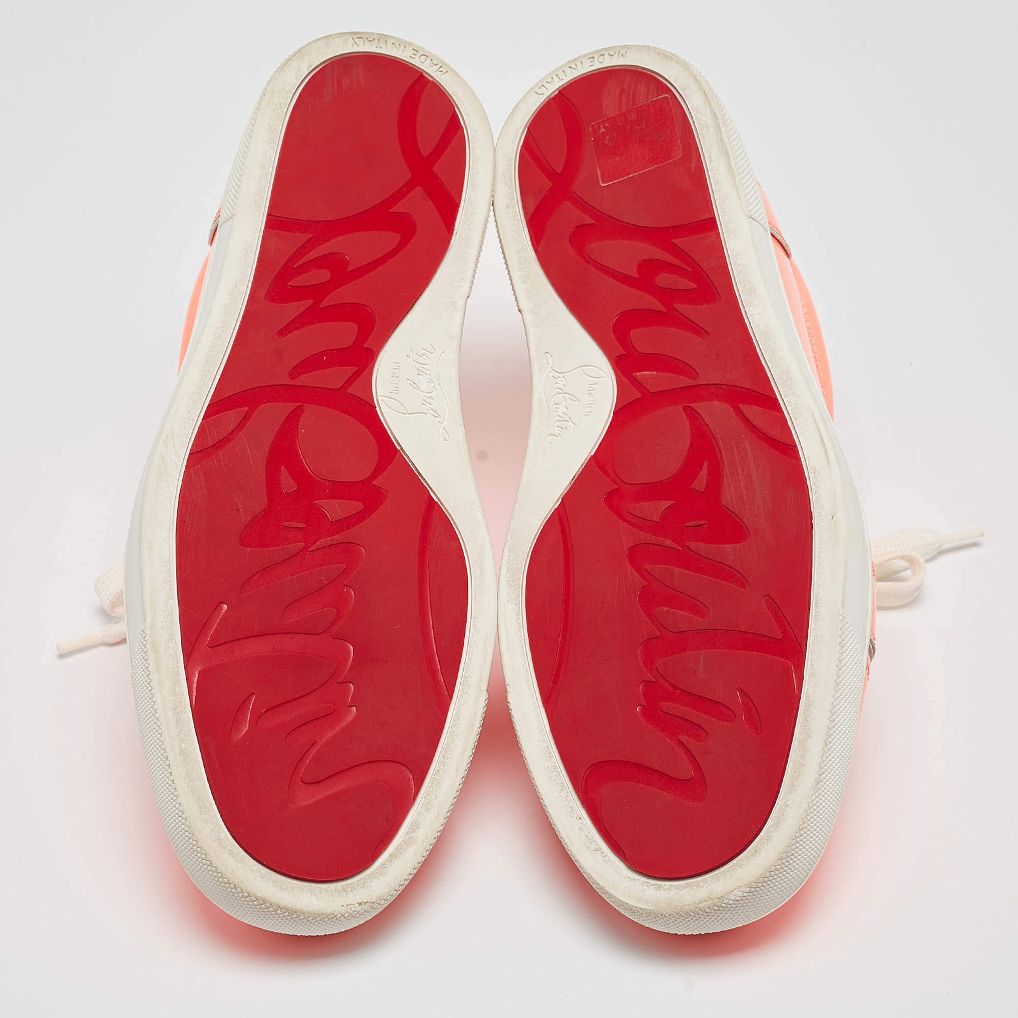 Pre Owned Christian Louboutin Neon Peach Patent Leather Louis Junior Low Top Sneakers Size 38.5