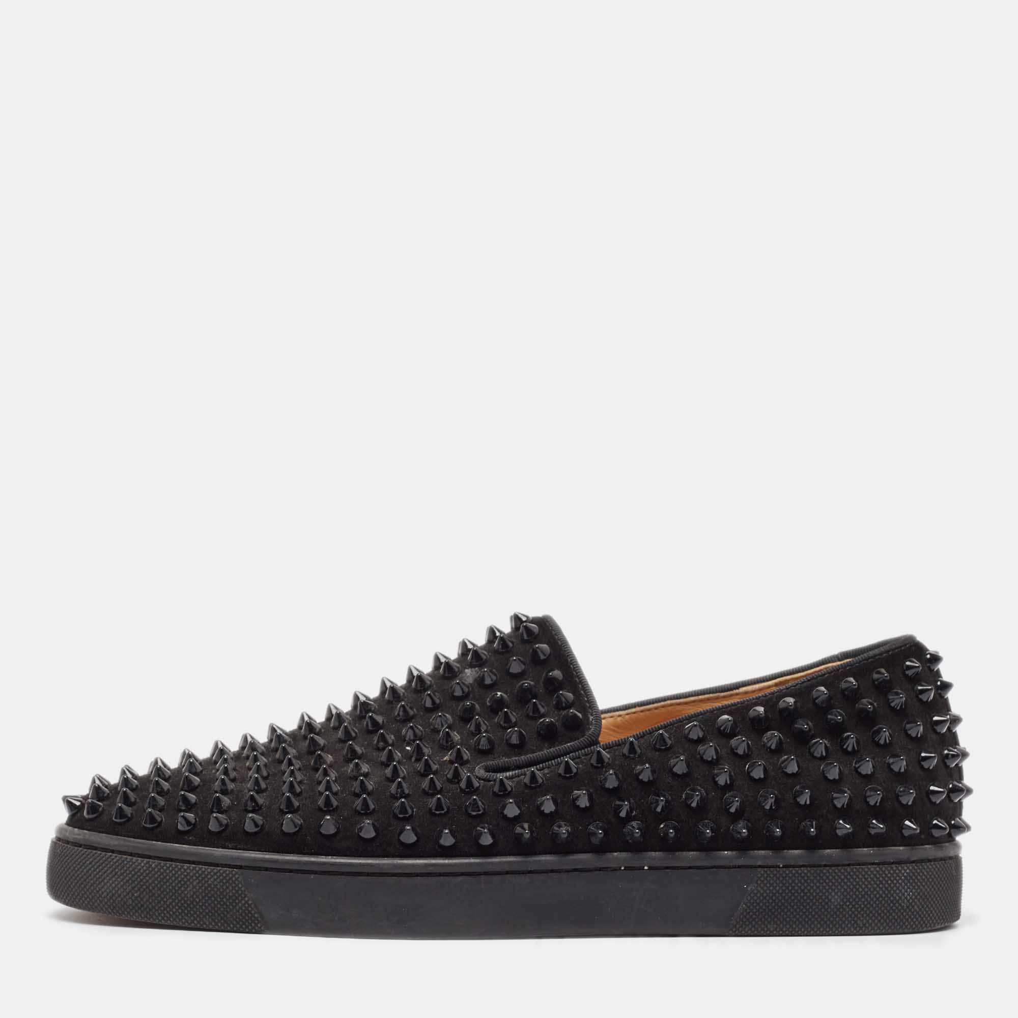 Christian Louboutin Black Suede Spike Roller Boat Sneakers Size 40.5