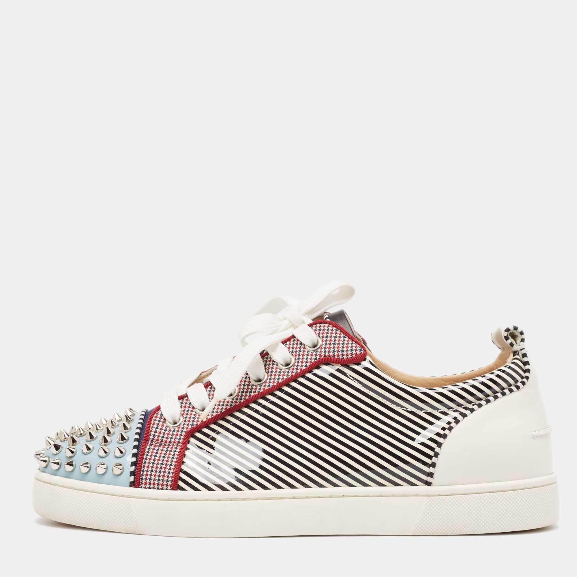 Christian Louboutin Multicolor Patent and Fabric Louis Junior Spikes Sneakers Size 41