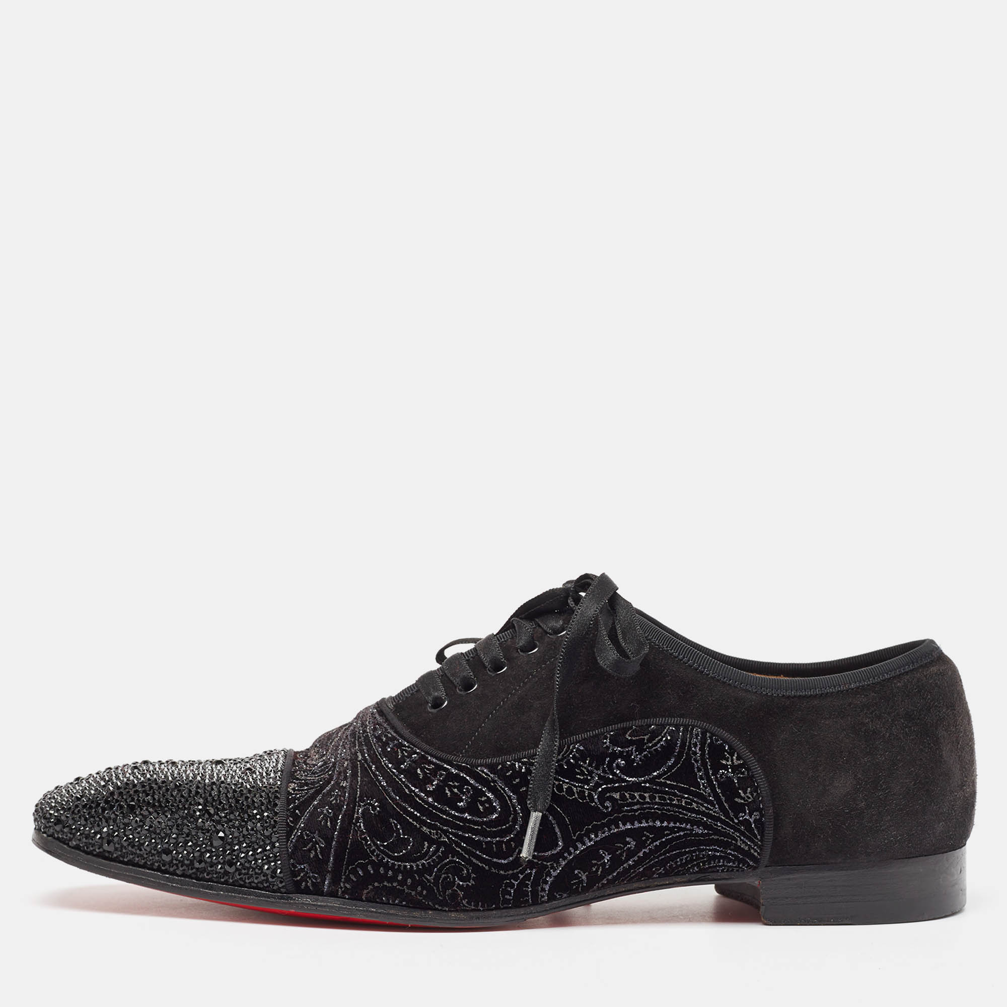 Christian Louboutin Black Suede and Embellished Velvet Greggo Oxfords Size 42