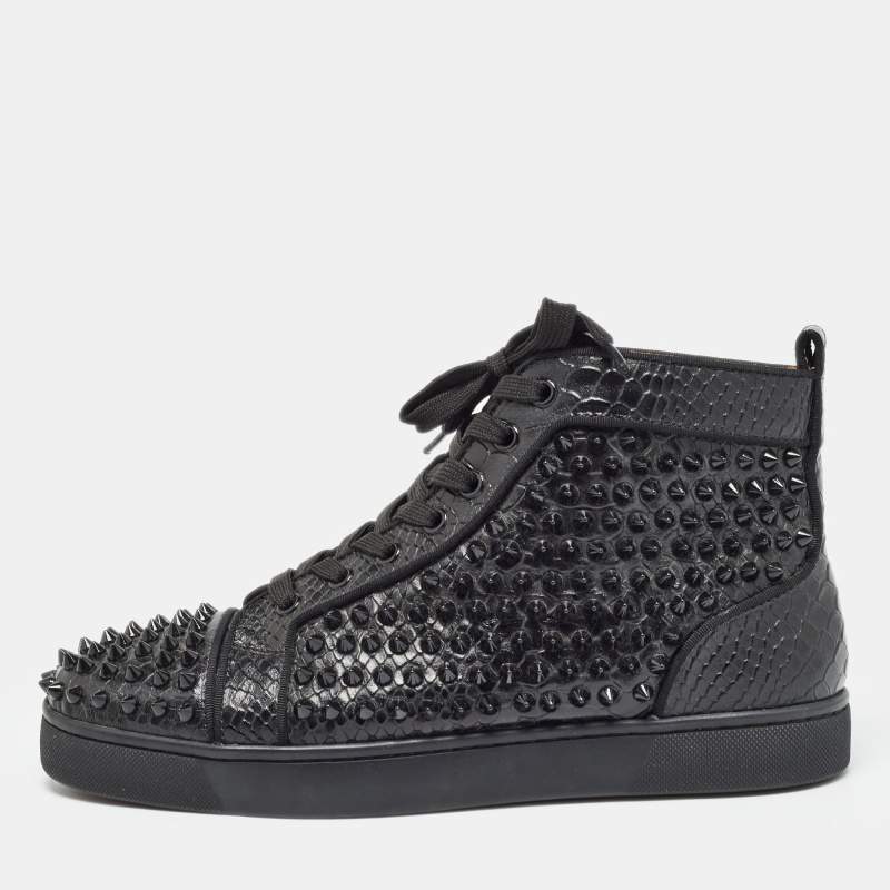 Christian Louboutin Black Python Embossed Leather Louis Spikes Sneakers Size 41