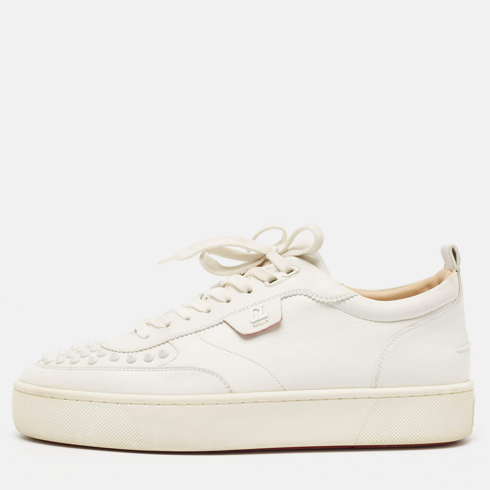 Pre Owned Christian Louboutin White Leather Studded Accents Sneakers Size 43.5