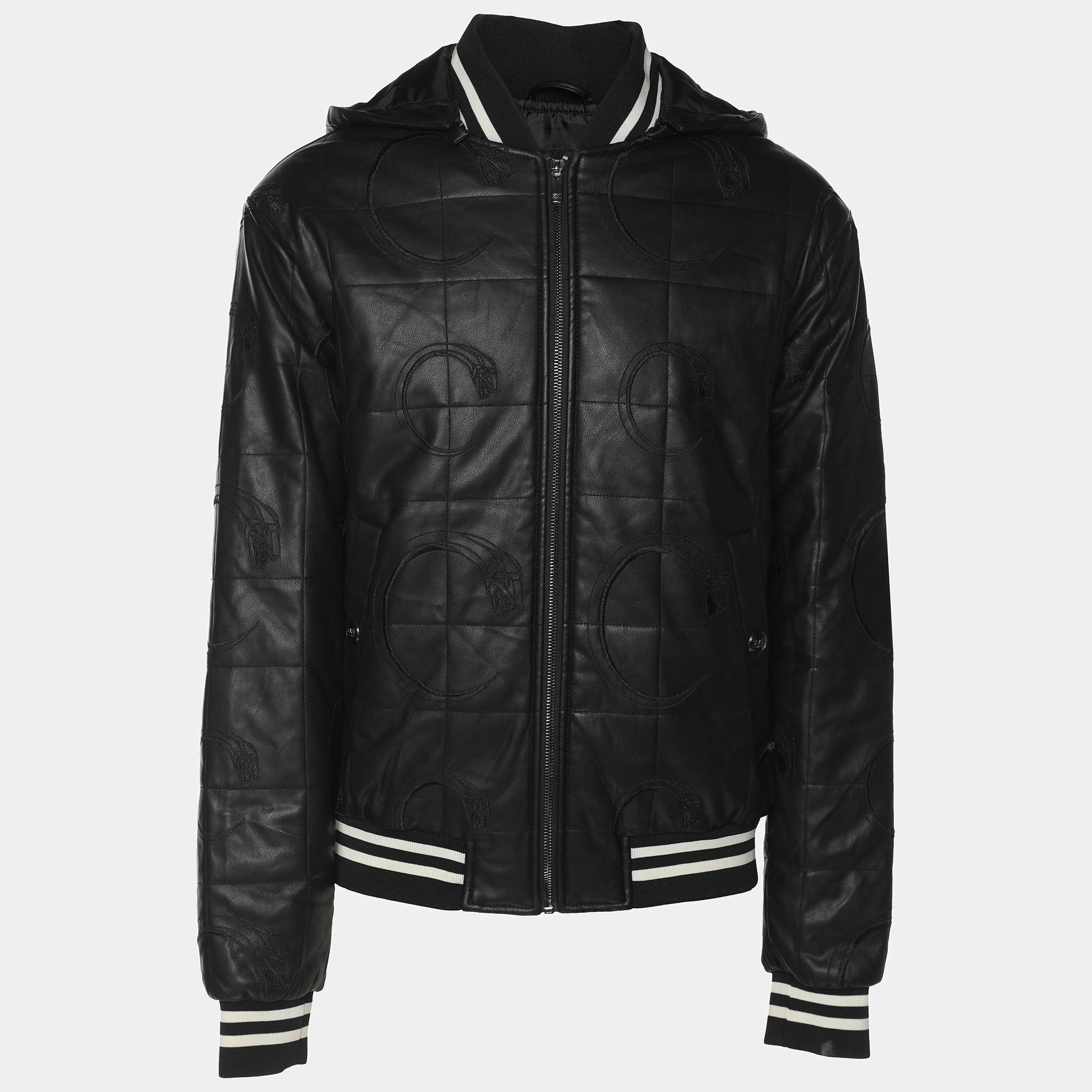 Class by Roberto Cavalli Dark Brown Faux Leather Logo Embroidered Removable Hoodie Jacket M