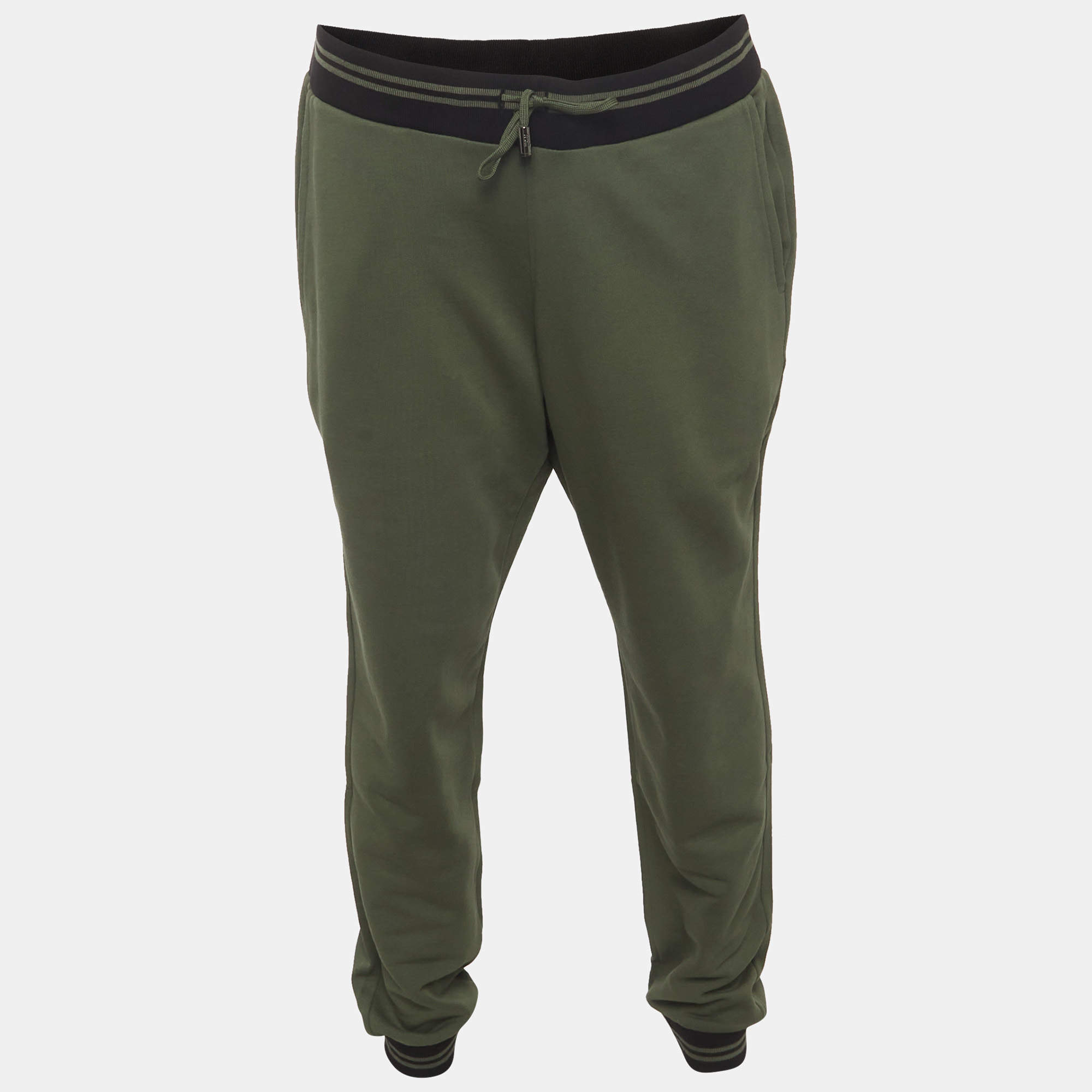 Pre Owned Class by Roberto Cavalli Olive Green Stripe Detail Cotton Knit Sweatpants XL