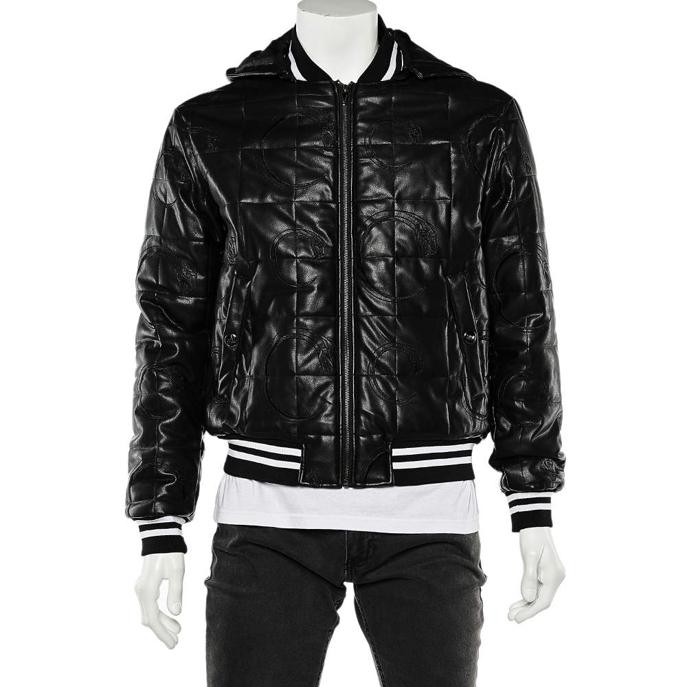 Cavalli Class Black Embroidered Faux Leather Zip Front Hooded Jacket M