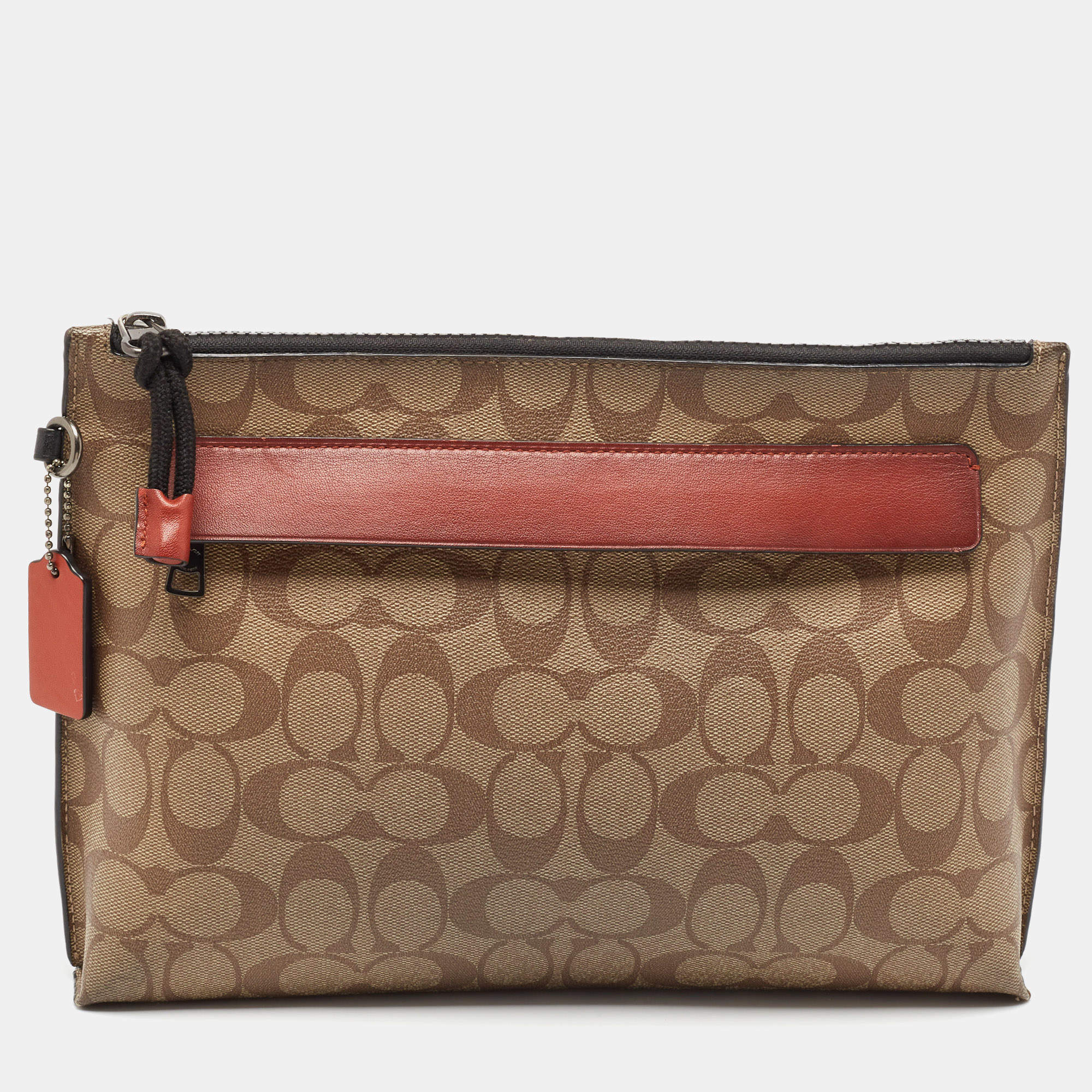 Coach Beige Signature Coated Canvas and Leather Carryall Pouch 