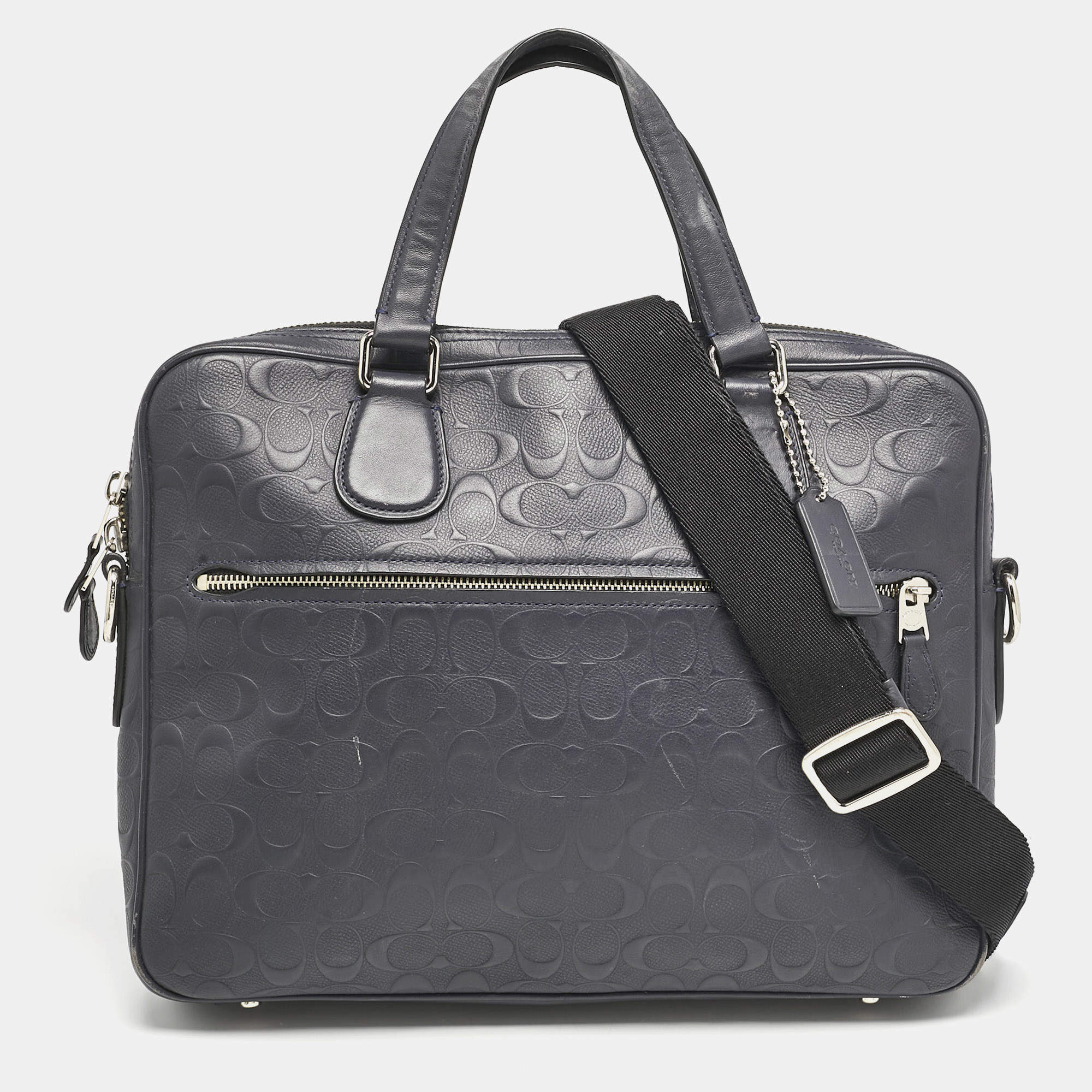 Coach Navy Blue Signature Embossed Leather Hudson Briefcase Laptop Bag