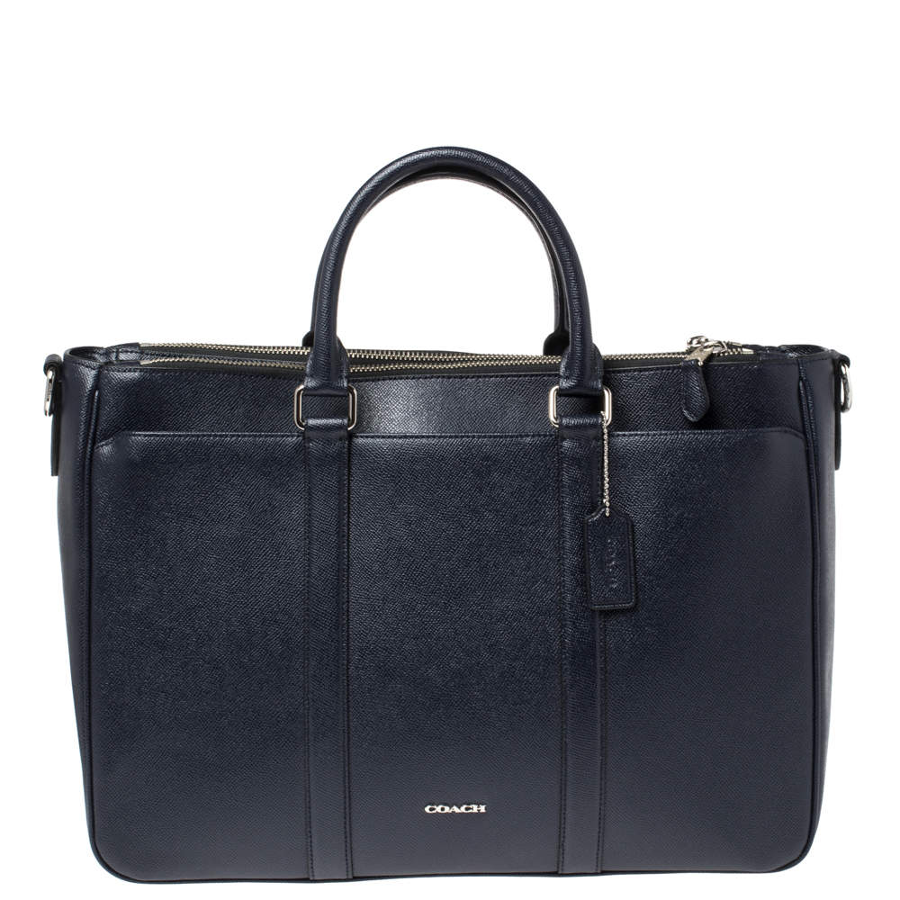 Coach Navy Blue Grained Leather Double Zip Briefcase Bag