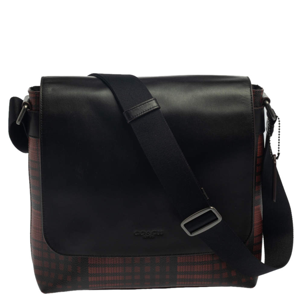 Coach Black/Red Plaid Print Coated Canvas and Leather Charles Messenger Bag