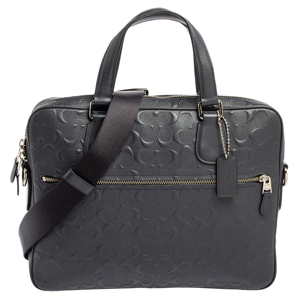 Coach Navy Blue Signature Embossed Leather Hudson Briefcase 
