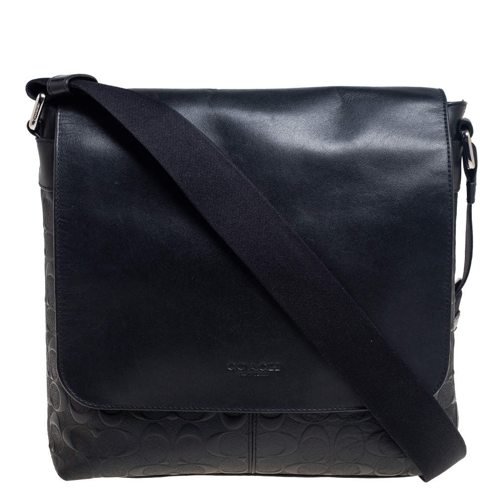 Coach Black Signature Embossed Leather Charles Flap Messenger Bag