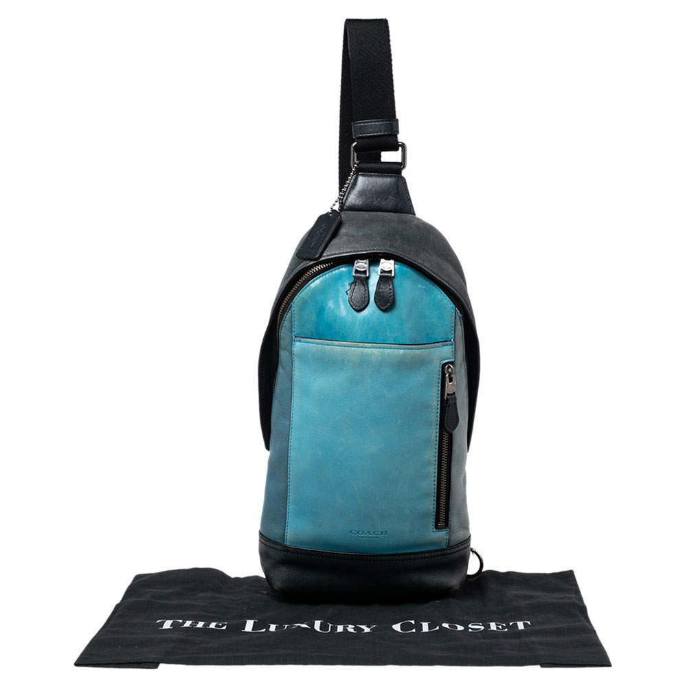Coach Black/Blue Leather and Suede Thompson Sling Backpack