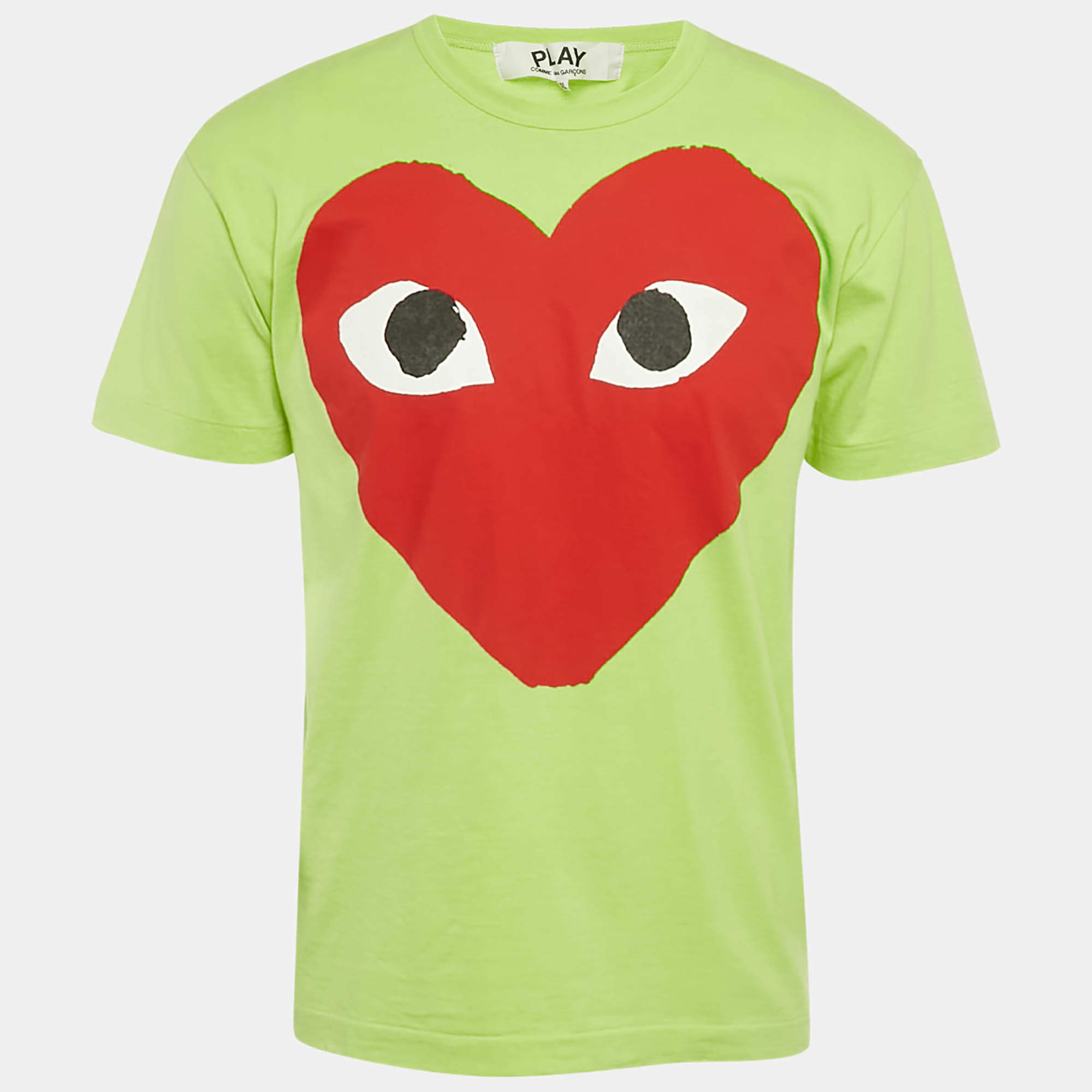 Pre Owned Comme des Garcons PLAY Green Heart Eyes Printed Cototn Knit T-Shirt XL