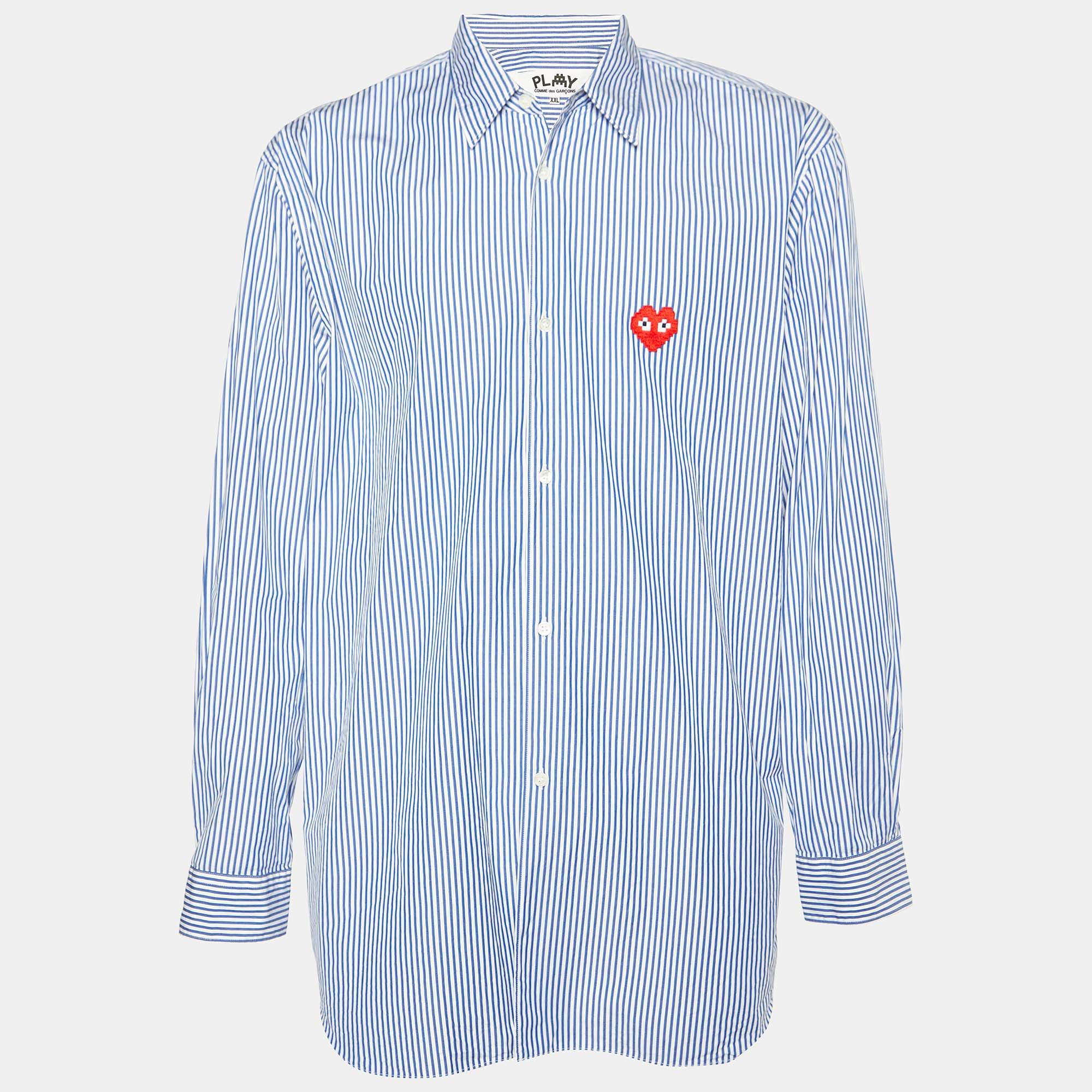 Comme des Garcons Play X The Invader Blue Striped Cotton Long Sleeve Shirt XXL