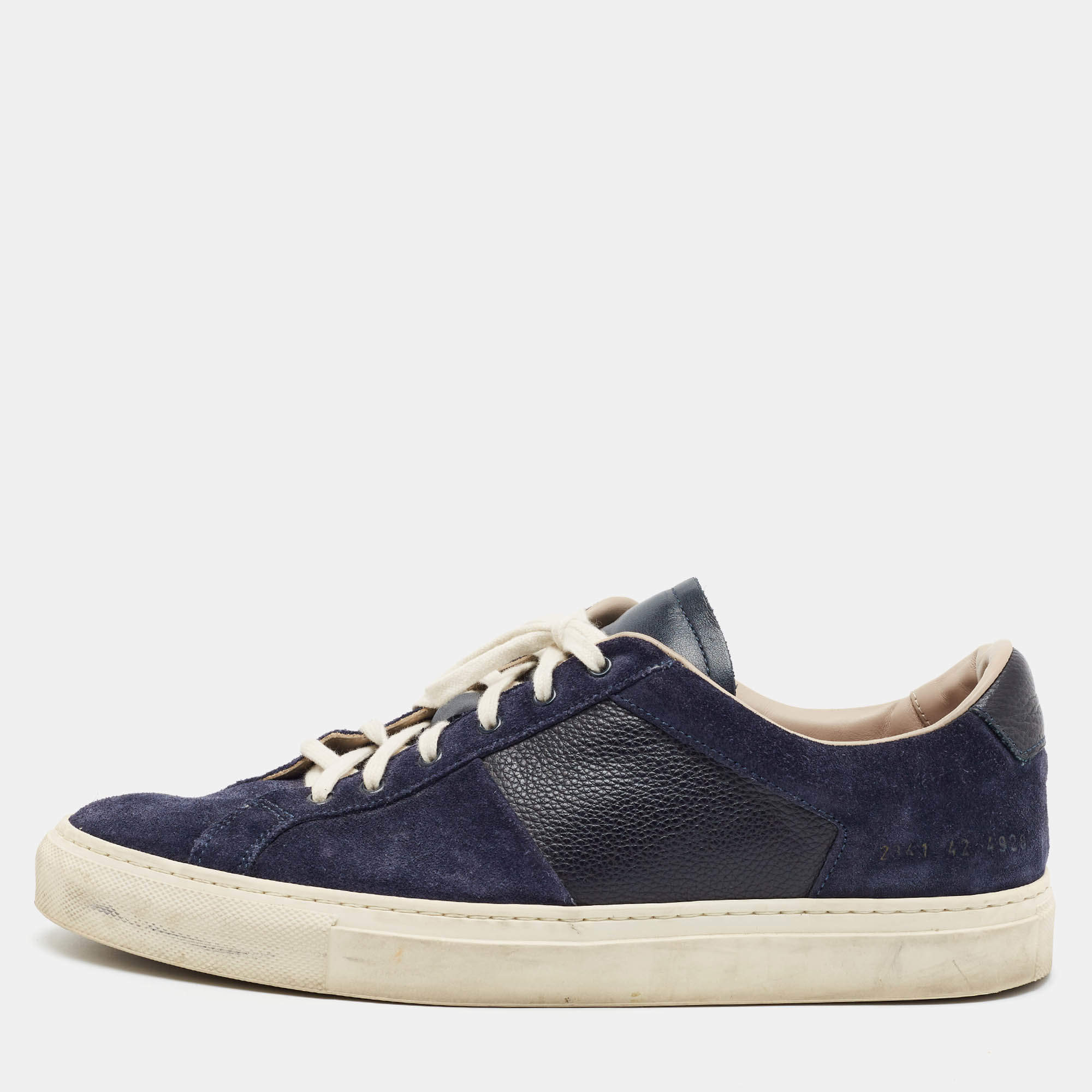 Pre Owned Common Projects Achilles Size 42 Navy Blue/Black Grained Leather and Suede Low Top Sneakers