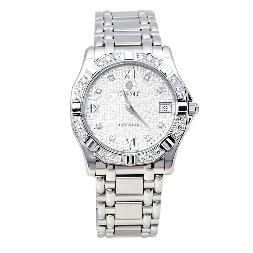Concord Silver Mosaic Diamonds Stainless Steel Saratoga SL 13.C2.230 Men's Wristwatch 34mm