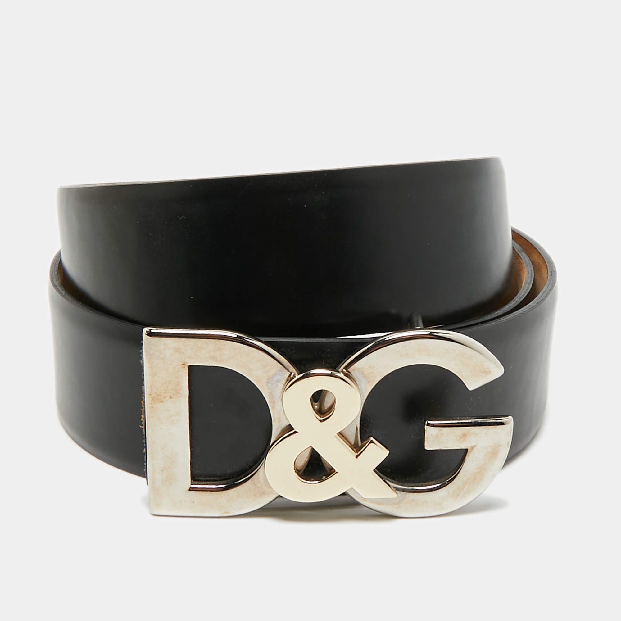 Pre Owned D&G Logo 105 CM Buckle Belt Black Leather