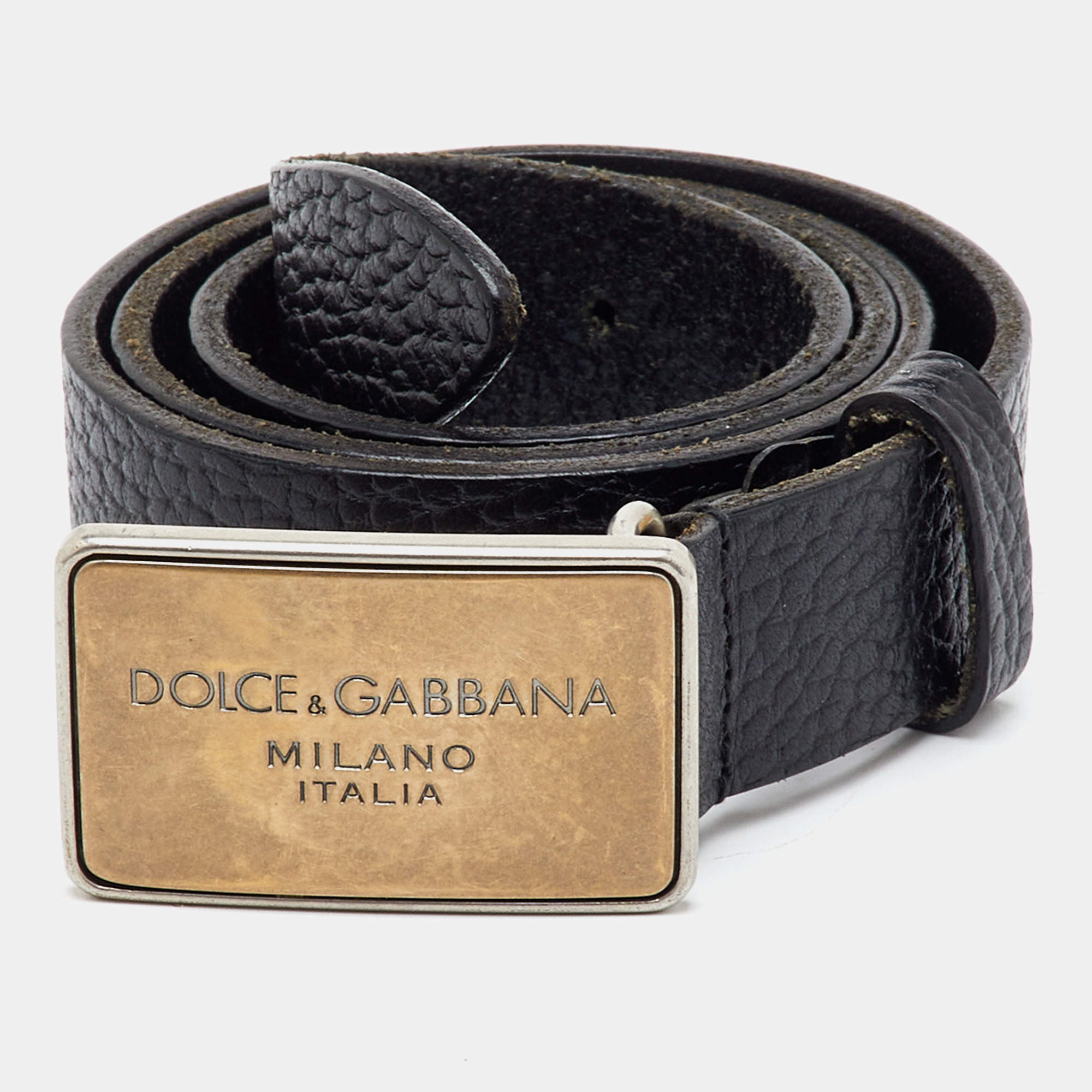 Pre Owned Dolce & Gabbana Logo Plaque 85CM Black Leather Buckle Belt