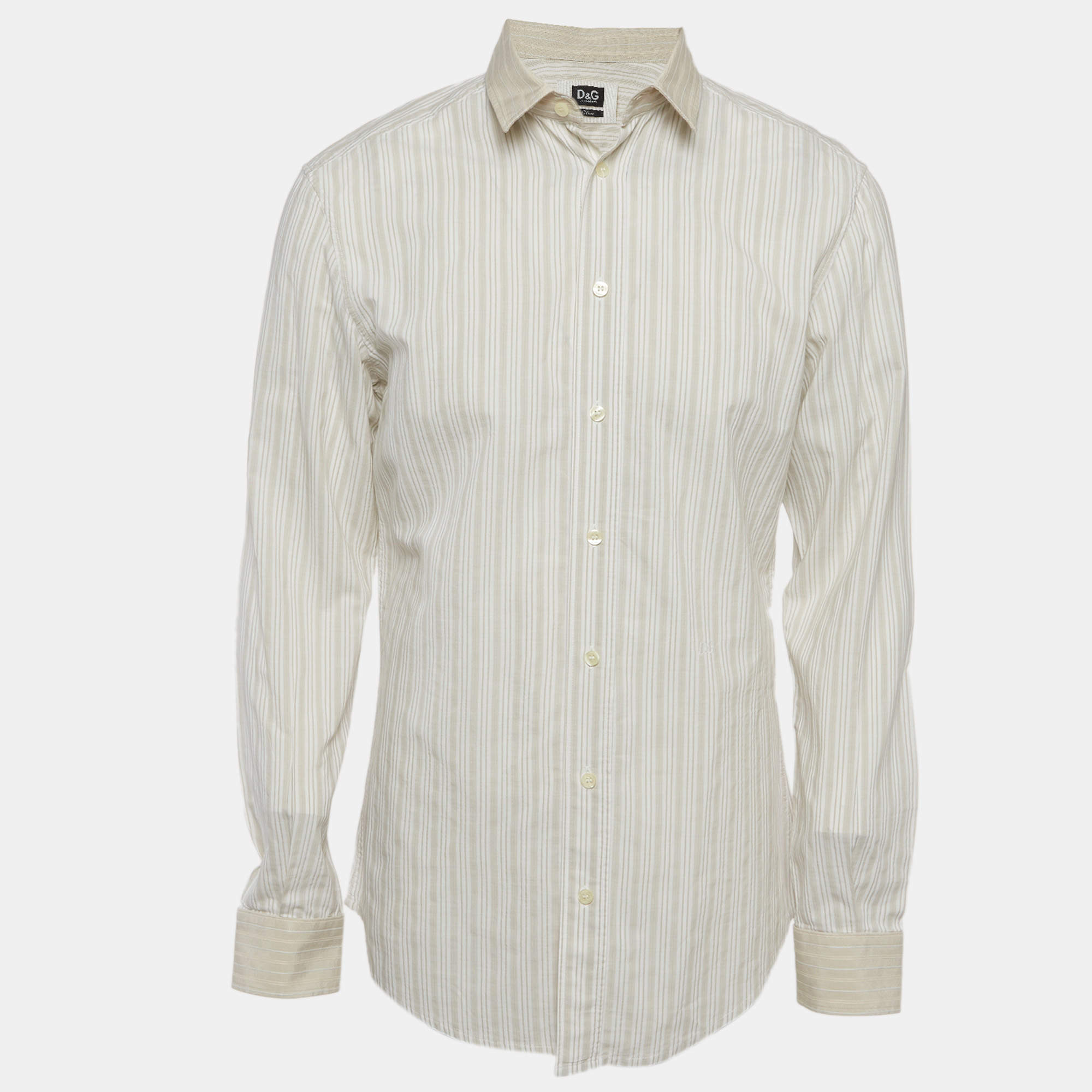 Pre Owned D&G White/Beige Striped Logo Embroidered Cotton Shirt XL