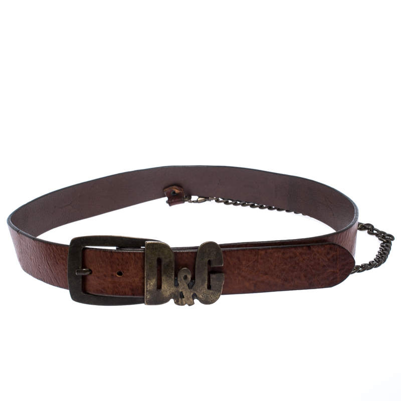 Pre Owned D&G Brown Leather Chain Detail Logo Buckle Belt 95CM