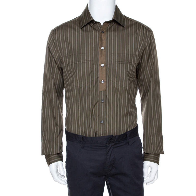 Pre Owned D & G Khaki Green Striped Cotton Slim Fit Shirt XXL