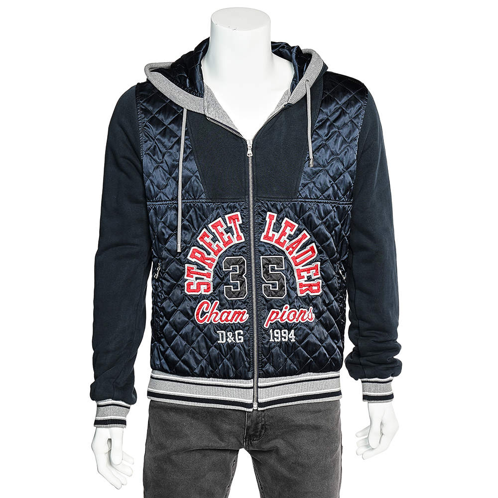 Pre Owned D&G Dark Blue Cotton Knit Contrast Quilted Detail Zip Front Hooded Jacket L