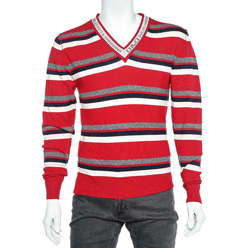 D&G Red Striped Wool Blend V Neck Pullover S