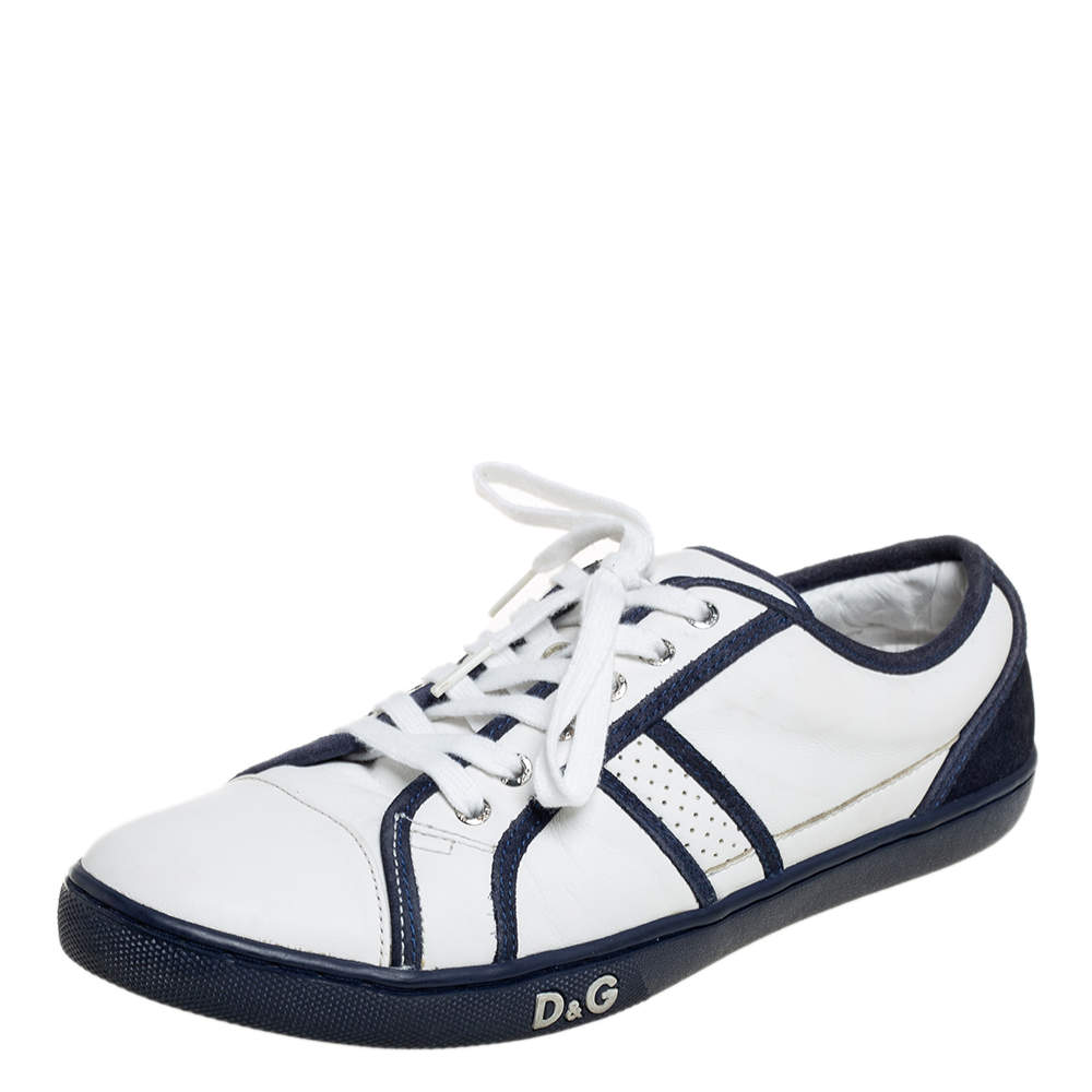 D&G White/Blue Leather And Suede Low Top Sneakers Size 42