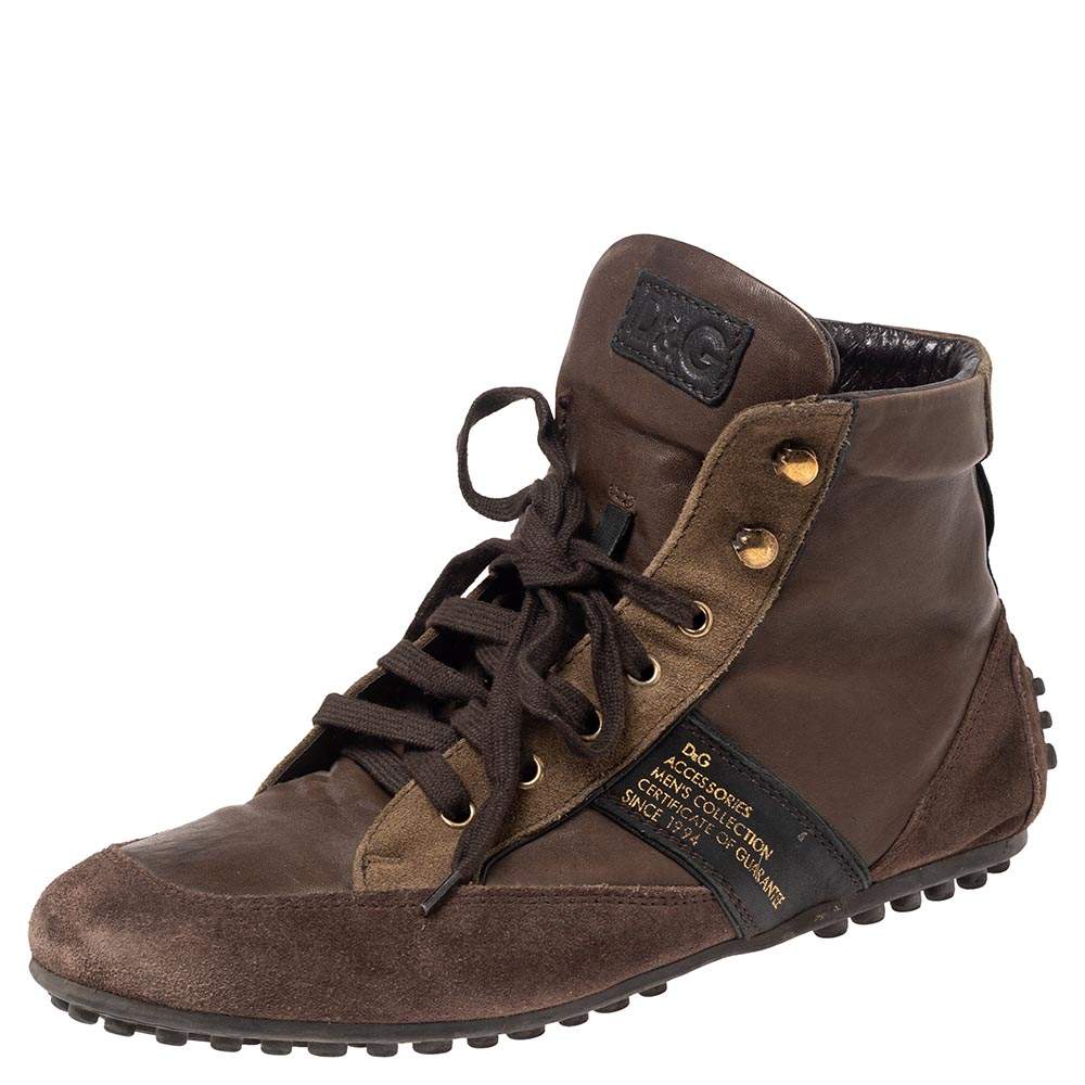 D&G Brown Suede and Leather Lace Up High Top Sneakers Size 41