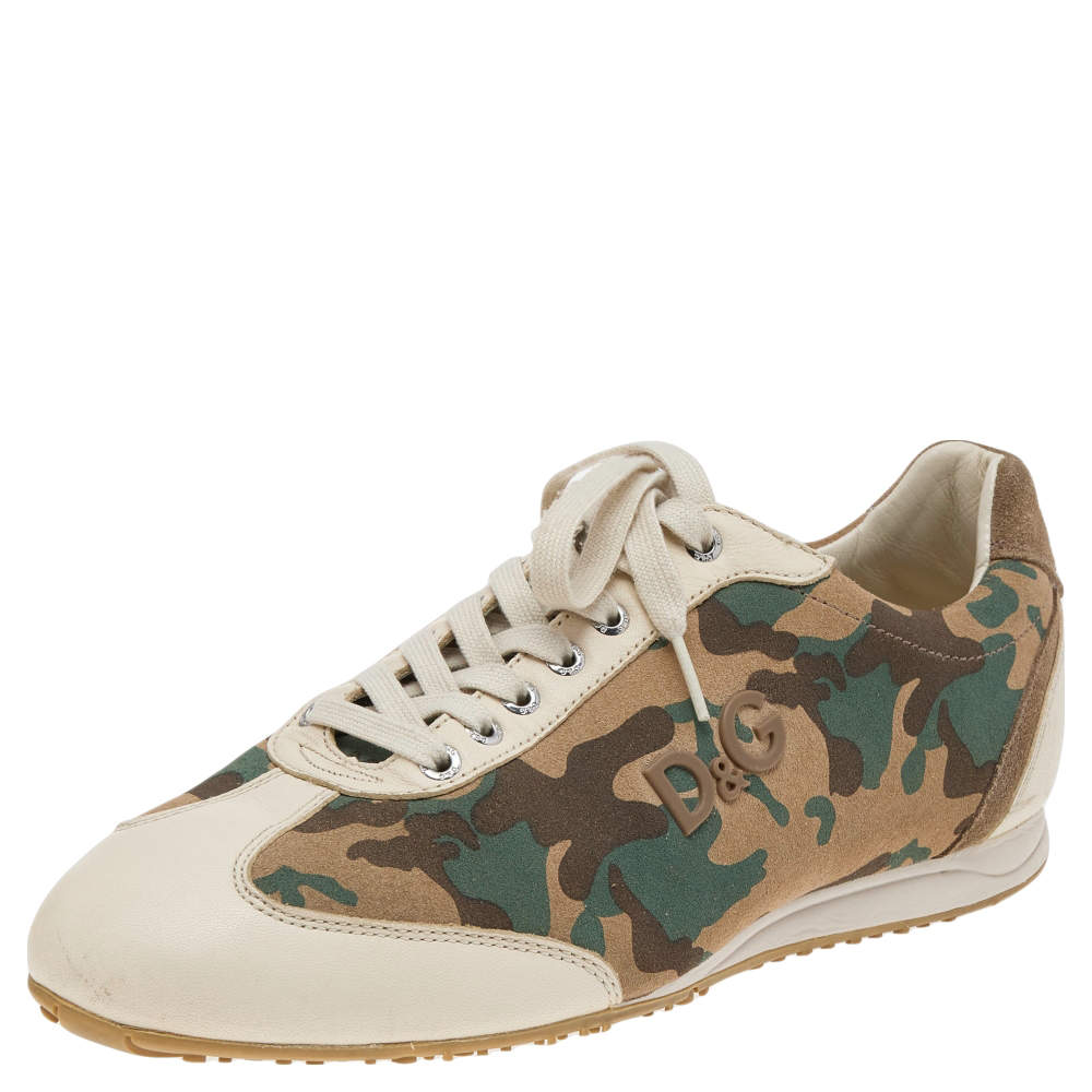 D&G Beige Leather And Camouflage Print Suede Low Top Sneakers Size 41