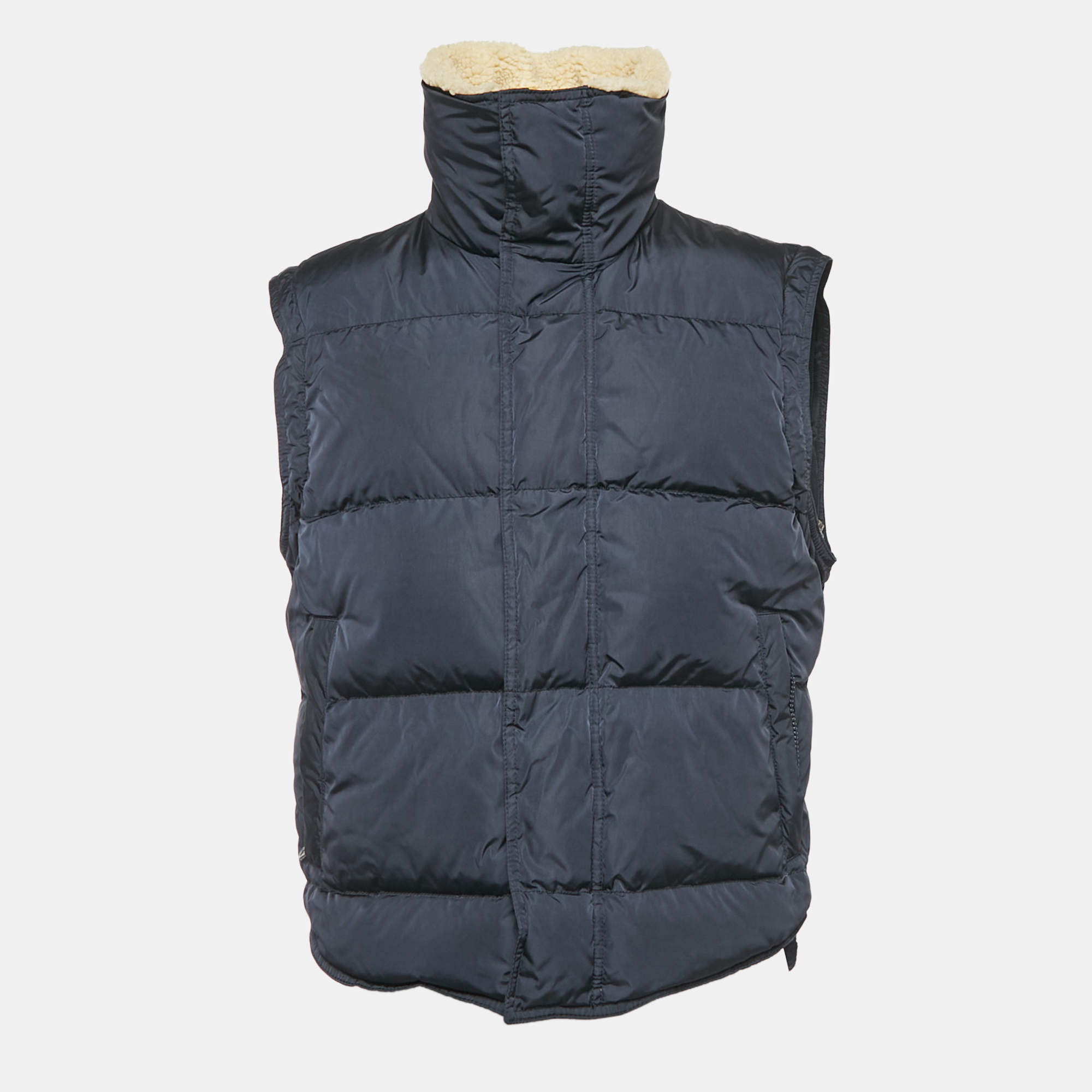 Dolce & Gabbana Navy Blue Shearling Collar Nylon Puffer Vest L
