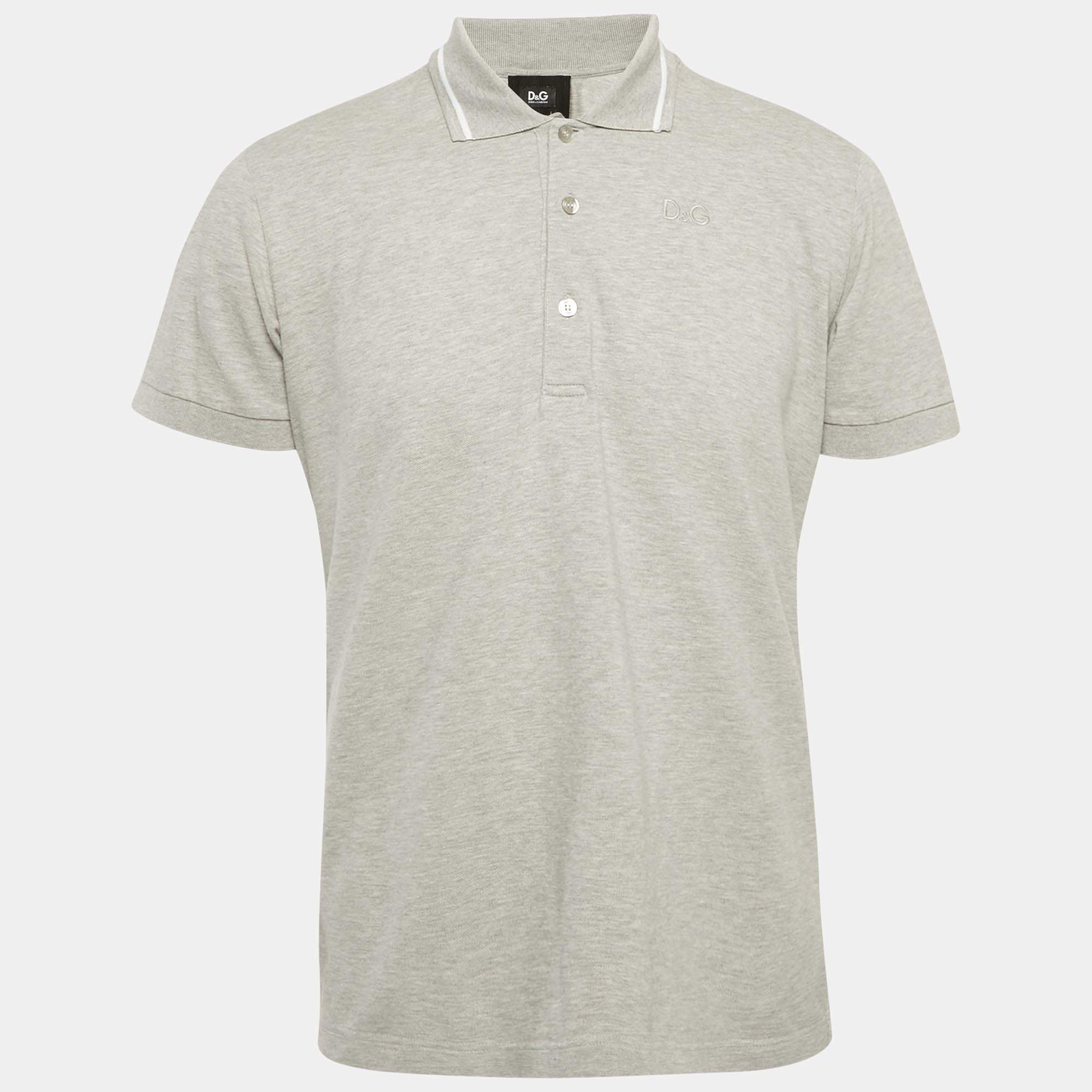 D&G Grey Cotton Pique Polo T-Shirt L