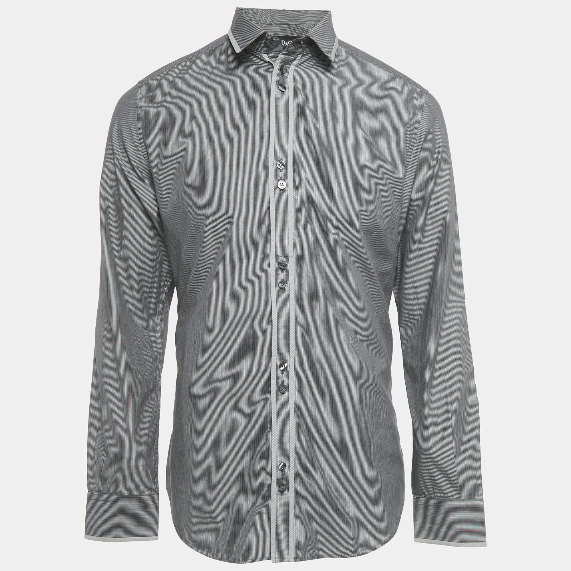 Pre Owned Dolce & Gabbana Grey Stripe Cotton Button Front Shirt L
