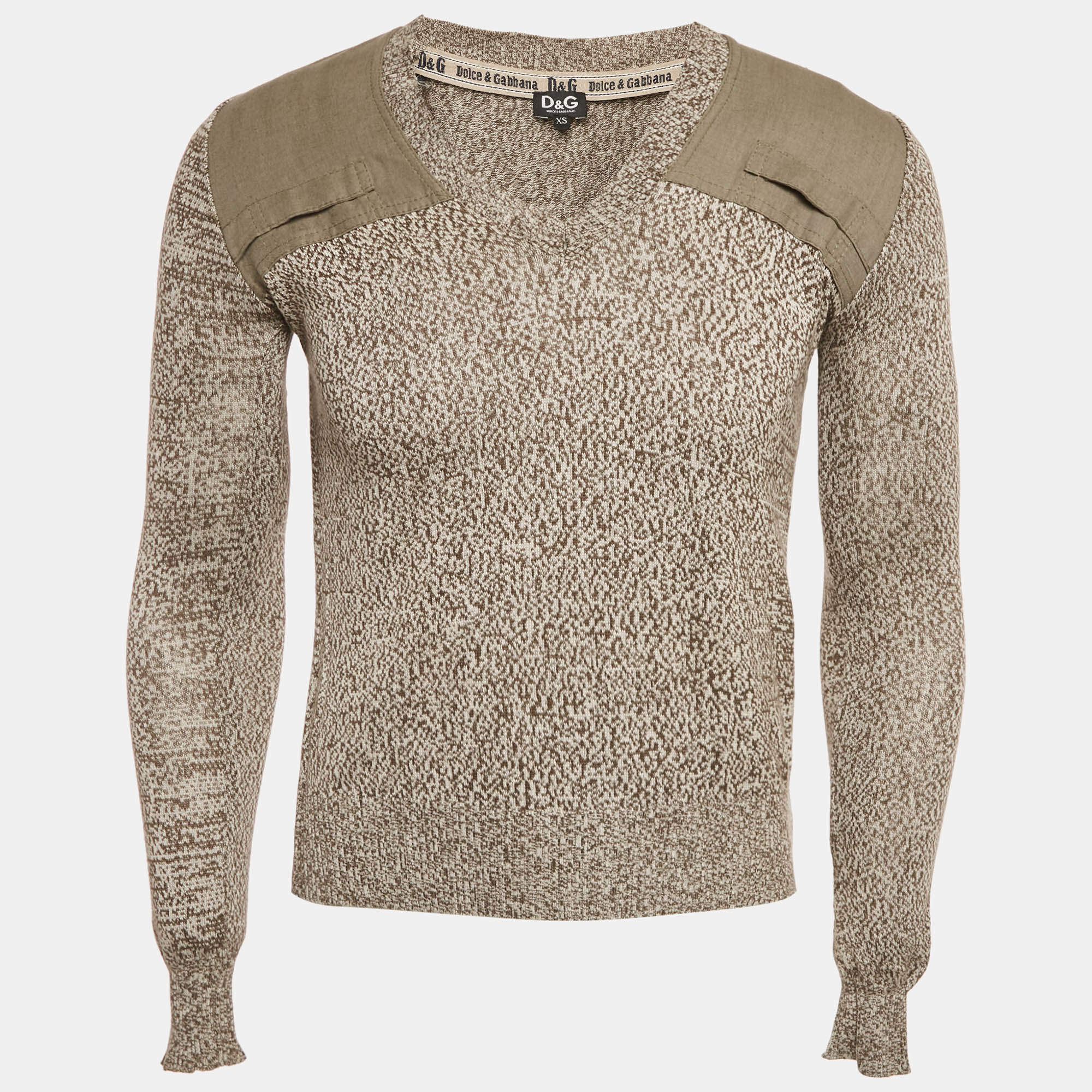 Pre Owned D&G Grey Knit Panel Detail V-Neck Long Sleeve Sweater XS