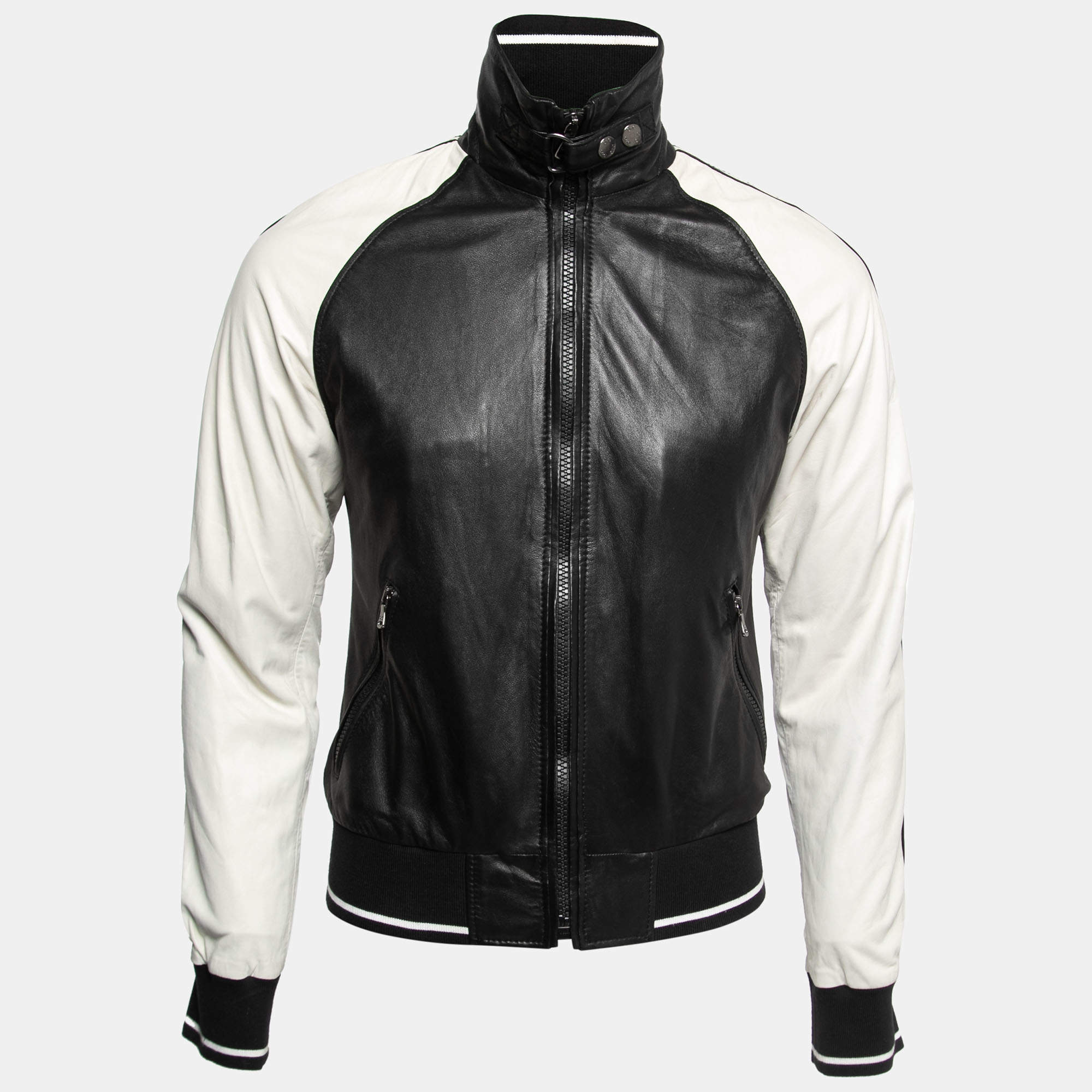 D&G Monochrome Leather Raglan Sleeve Zip Front Jacket S