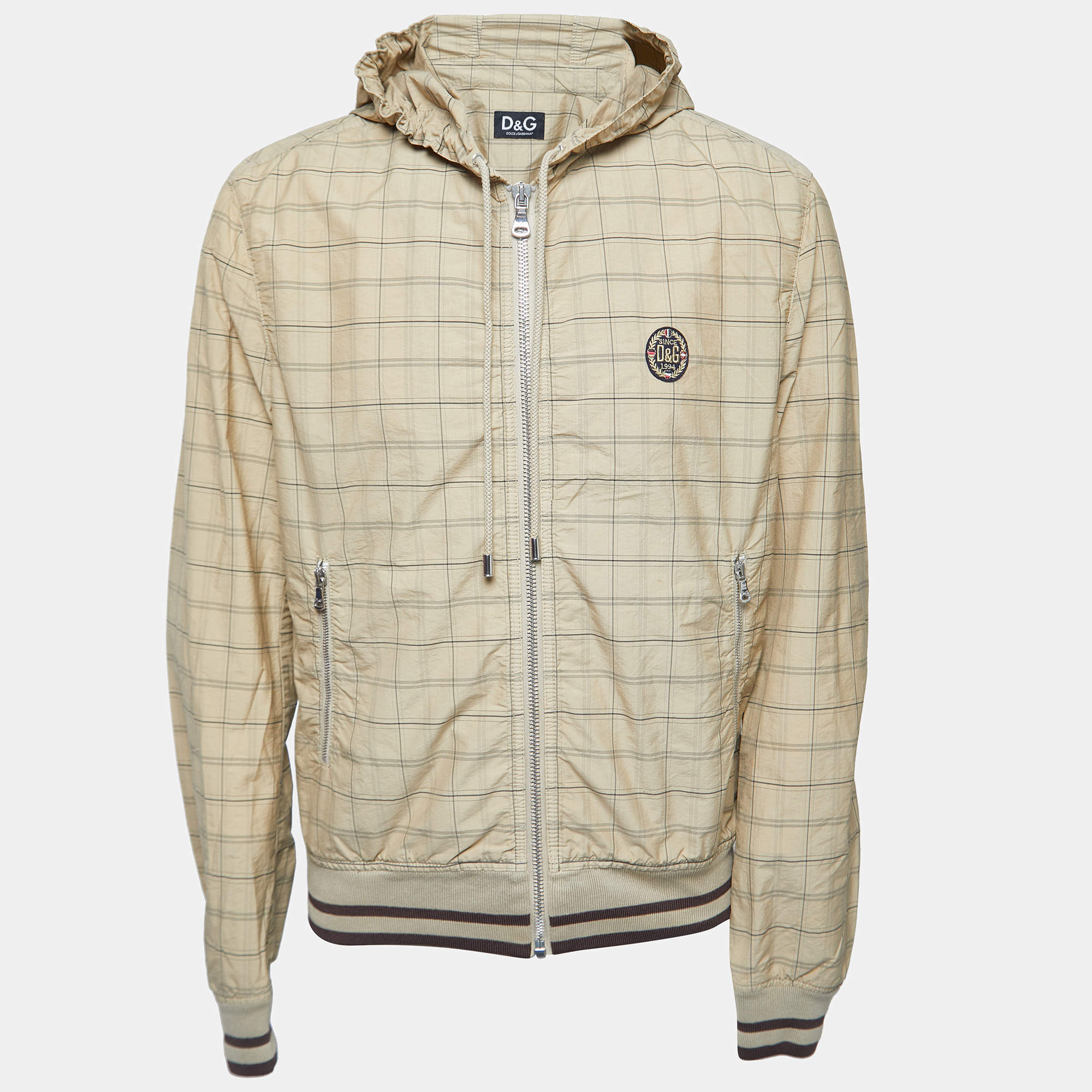 D&G Beige Checker Printed Cotton Blend Hooded Jacket XL