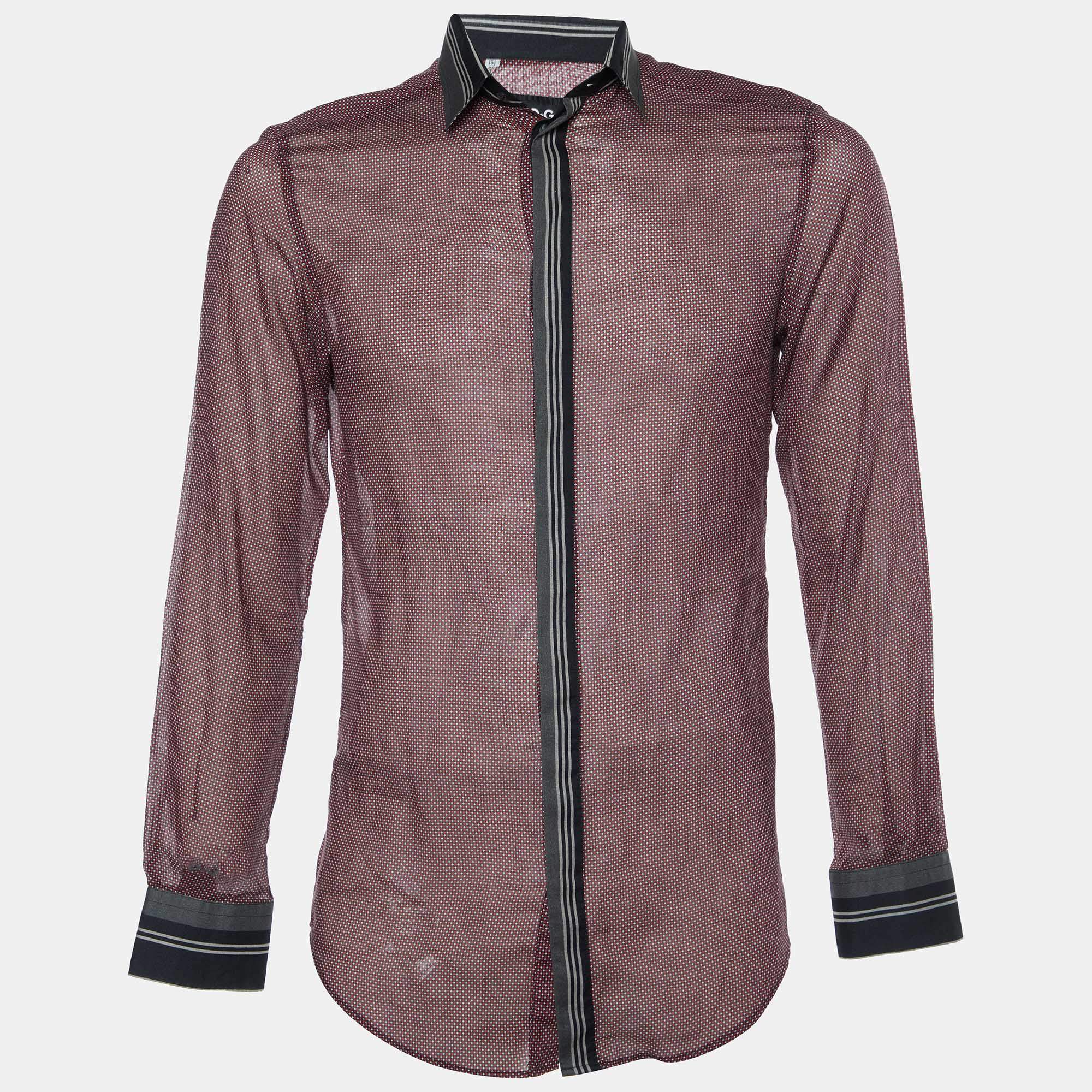 Pre Owned D&G Red Printed Cotton Contrast Detail Slim Fit Shirt M