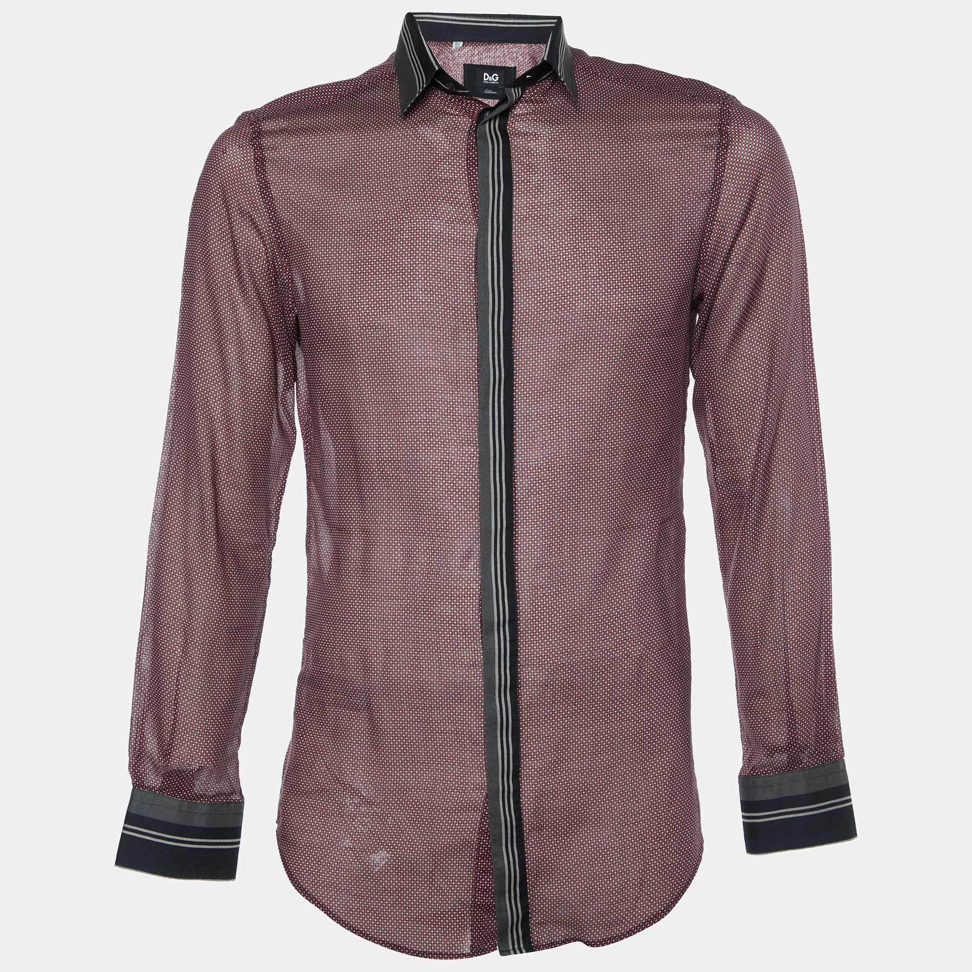 Pre Owned D&G Red Printed Cotton Contrast Detail Slim Fit Shirt M