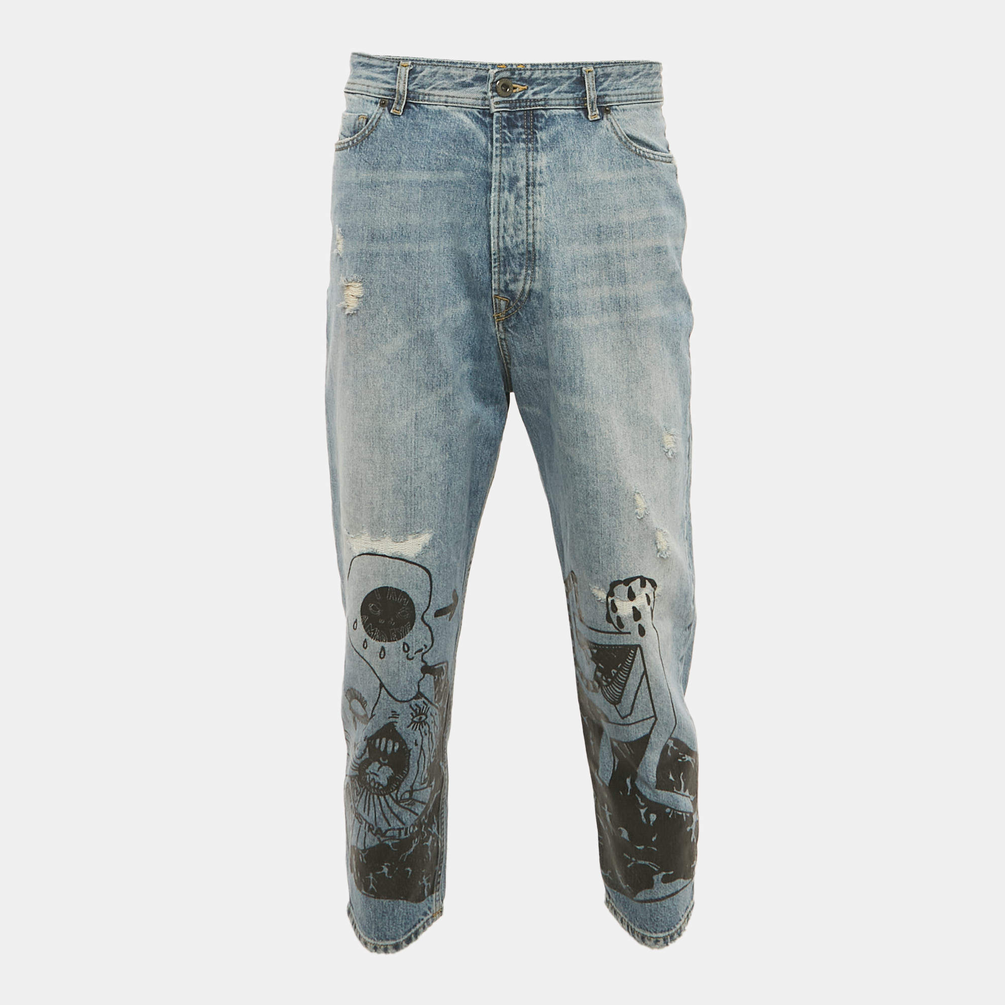 مملوكة مسبقًا بنطلون ديزل بلاك جولد أزرق مرهق بطباعة الجرافيتي بقصة ضيقة الدنيم مقاس متوسط كبير خصر 33 بوصة