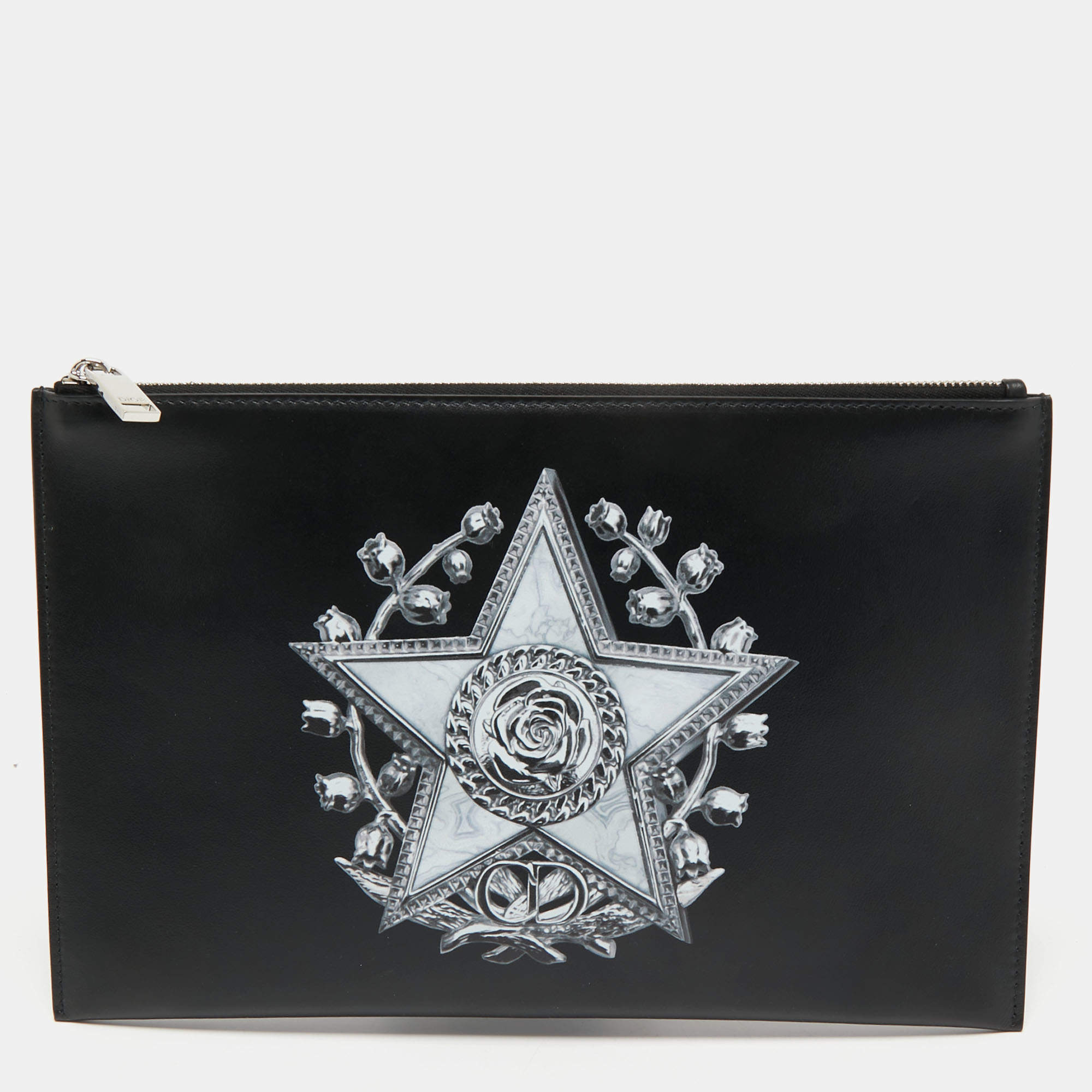 Pre Owned Dior Homme Black Printed Leather Zip Pouch