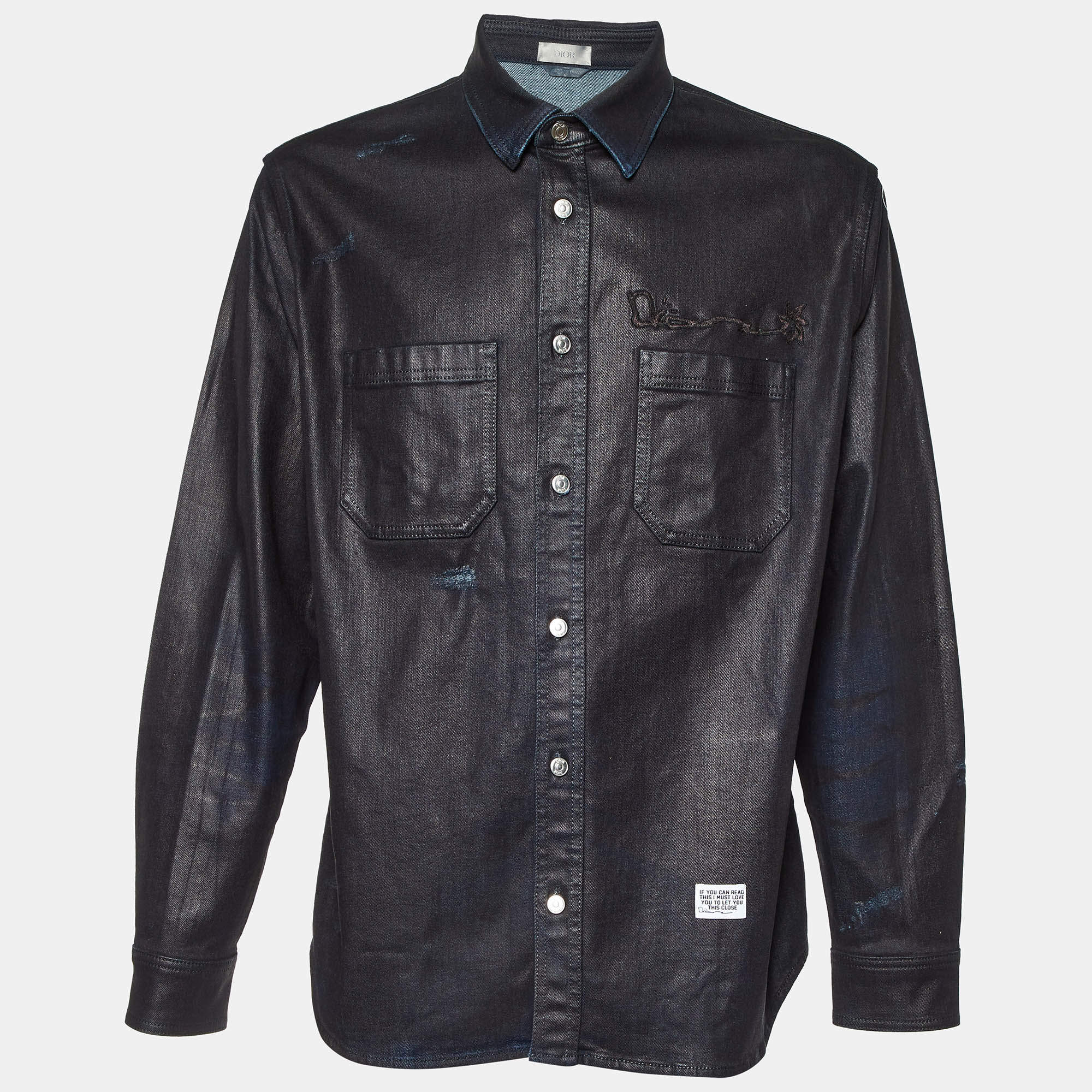 Pre Owned Dior Homme Black Coated Denim Embroidered Shirt L