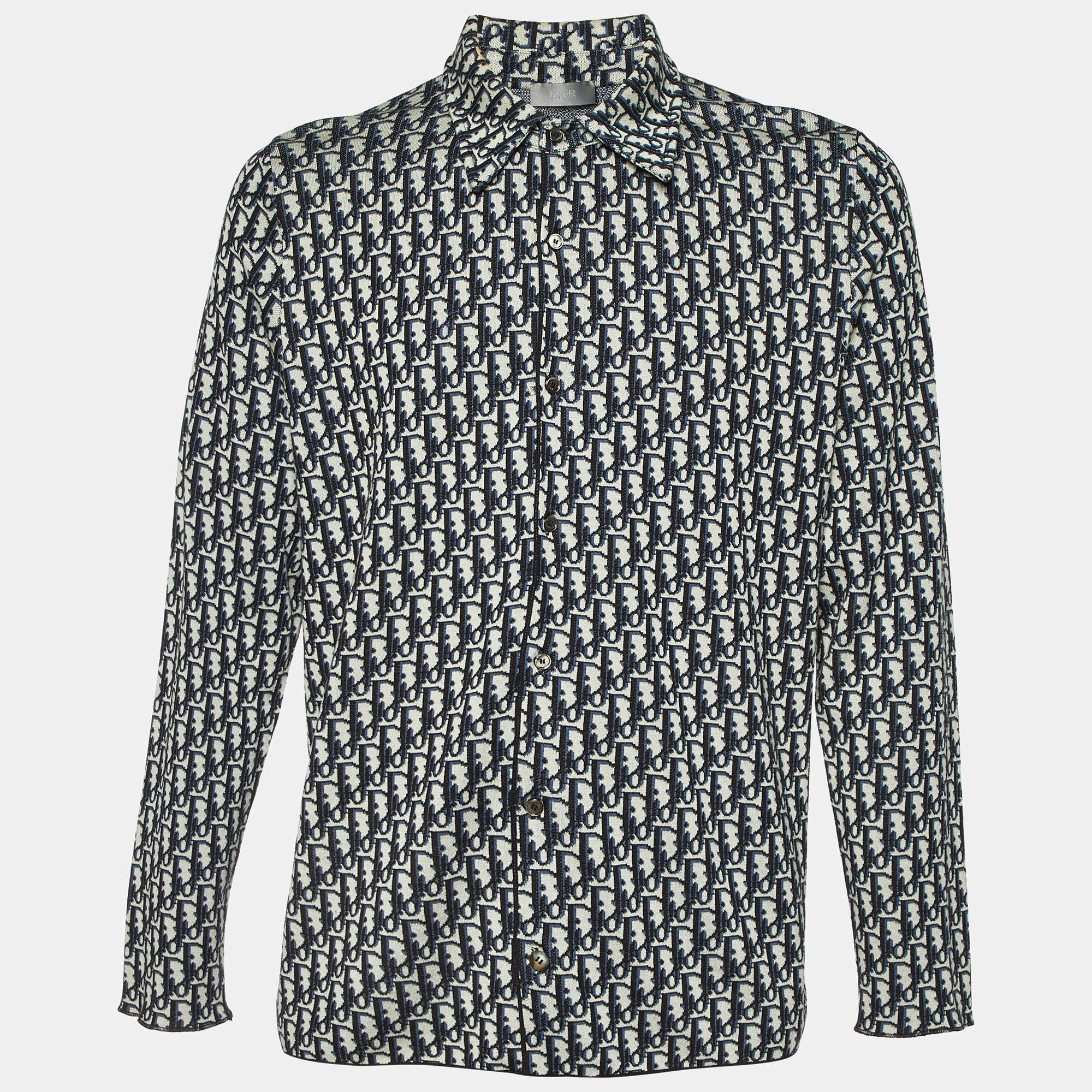 Pre Owned Dior Homme Blue Oblique Jacquard Knit Overshirt L