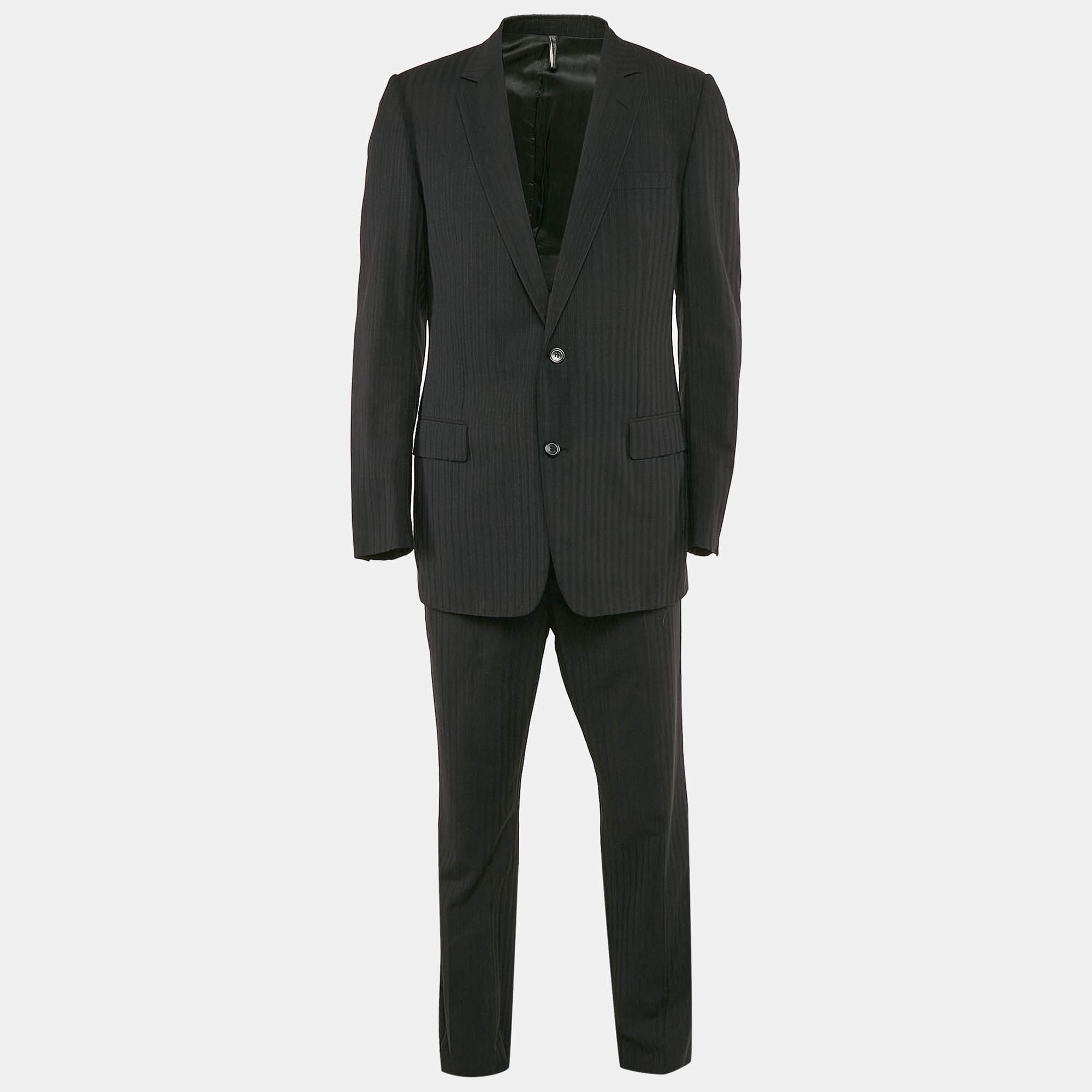 Dior Homme Black Wool Striped Single Breasted Pants Suit XL