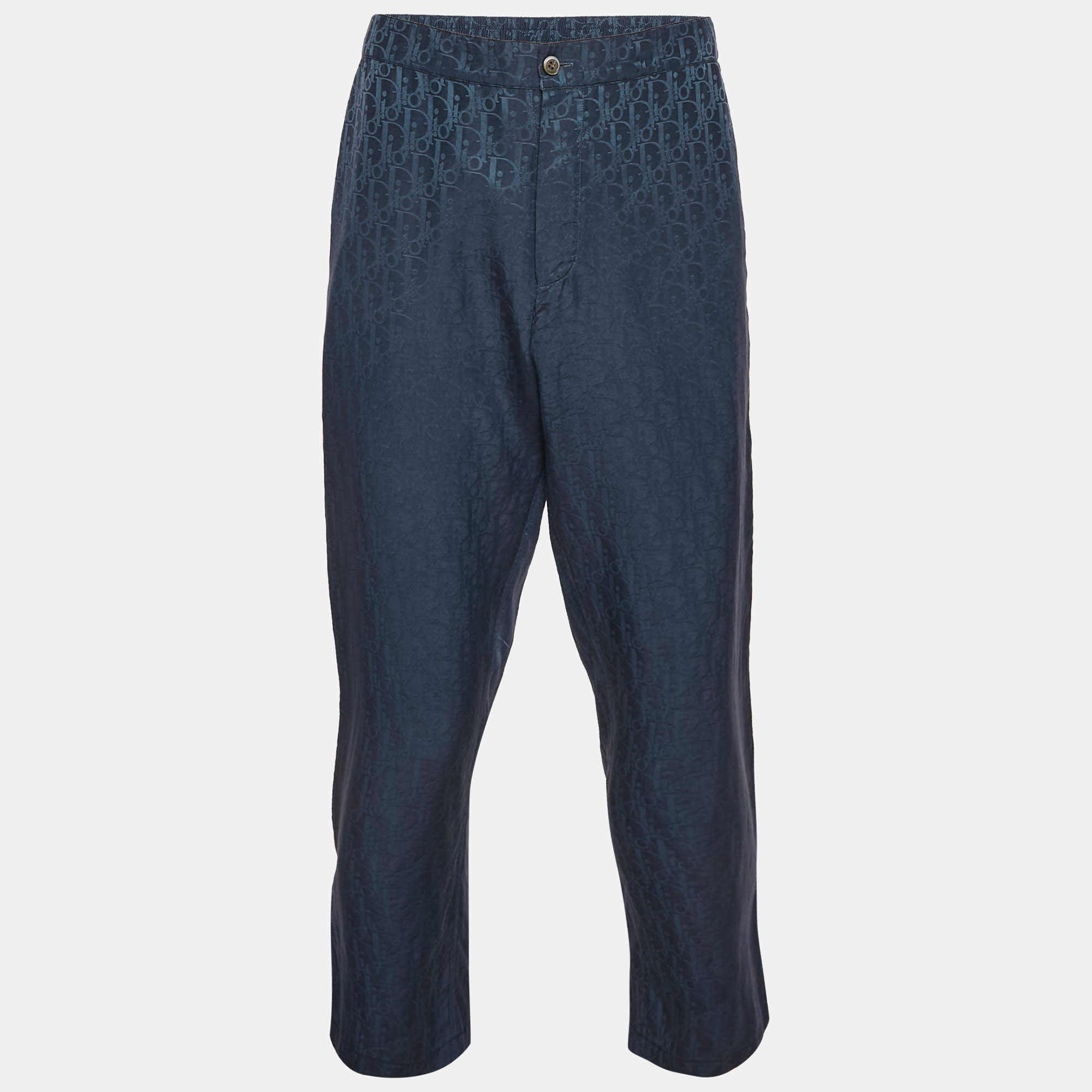 Pre Owned Dior Homme Blue Monogram Jacquard Silk Blend Pants M
