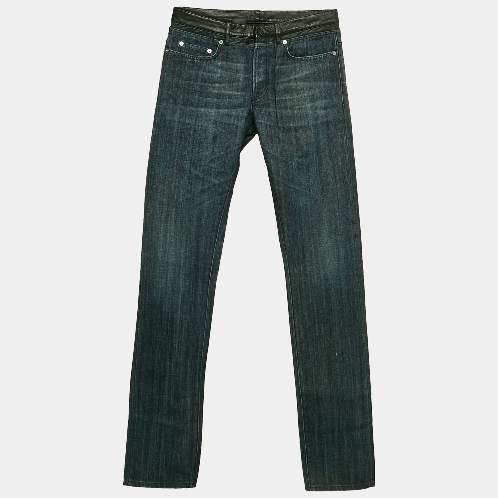 Pre Owned بنطلون جينز دينيم أزرق كحلي بحواف جلدية ديور أوم وسط مقاس خصر 32 بوصة