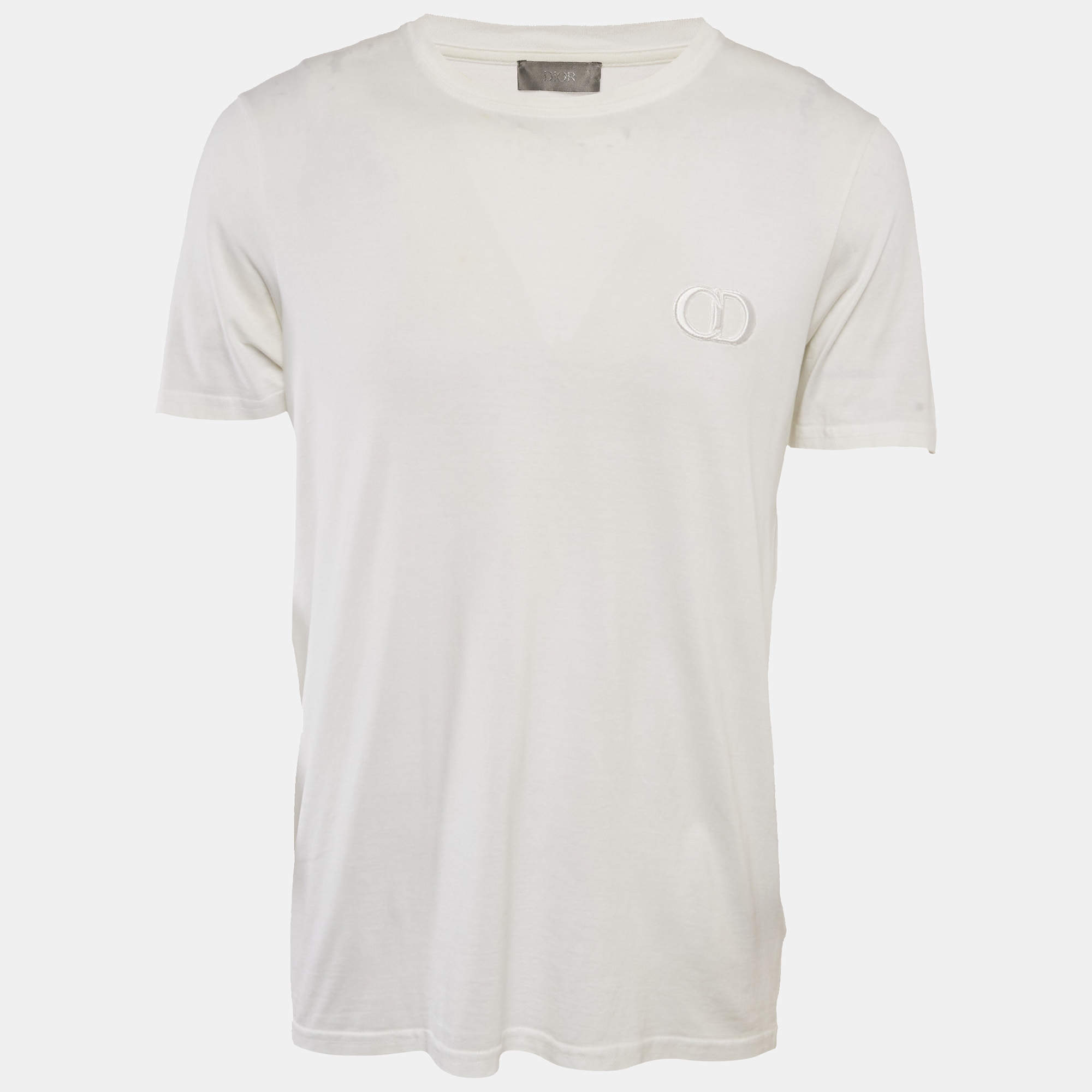Pre Owned Dior Homme White Logo Embroidered Cotton Crew Neck T-Shirt L
